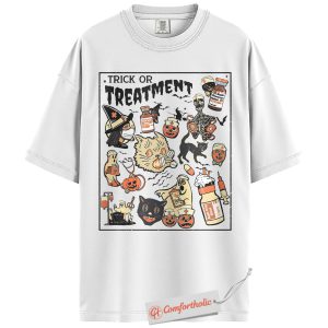 Alternative view of Trick or Treatment Shirt, Funny Halloween Nurse T-Shirt, Spooky Medical Cat Graphic Tee, Gift for Veterinary Workers & Pet Lovers, Halloween Comfort Colors Shirt