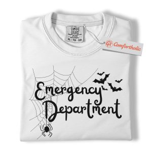 Alternative view of Emergency Department Shirt, Spooky Nurse ER T-Shirt, Cute Medical Spider Web Graphic Tee, Gift for Healthcare Workers, Halloween Comfort Colors Shirt