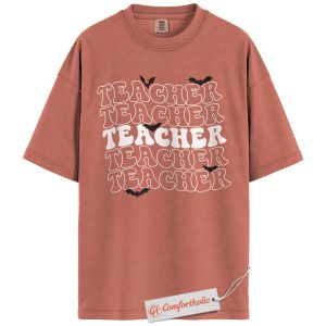 Spooky Teacher Shirt, Halloween Teacher T-Shirt, Retro Bat Graphic Tee, Cute Fall Gift for Educators, Teacher Comfort Colors Shirt
