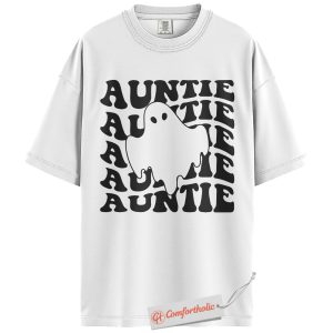 Alternative view of Spooky Auntie Shirt, Ghost Aunt T-Shirt, Cute Retro Graphic Tee, Fun Fall Gift for Aunts, Halloween Comfort Colors Shirt