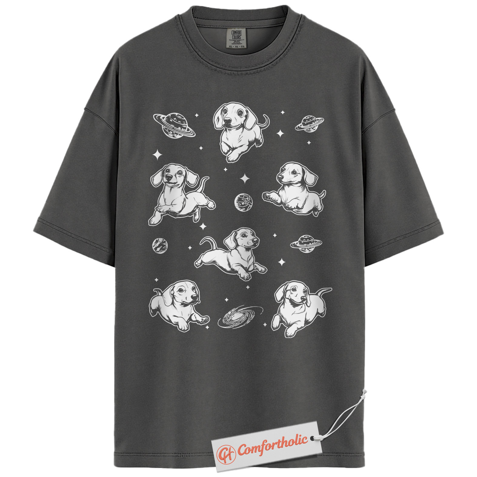 Space Dachshund Shirt, Flying Wiener Dog T-Shirt, Cute Galaxy Pup Graphic Tee, Funny Dog Lover Gift, Sausage Dog Comfort Colors Shirt - Image 4
