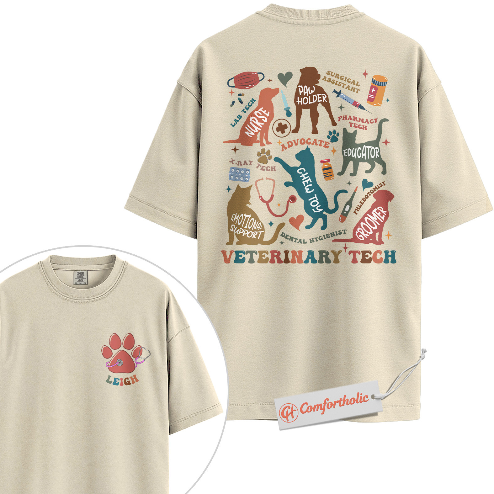 Custom Veterinary Tech Shirt, Cute Animal Care Graphic Tee, Personalized Gift for Vet Techs & Pet Lovers, Colorful Vet Roles Comfort Colors Shirt 2-Sided - Image 4