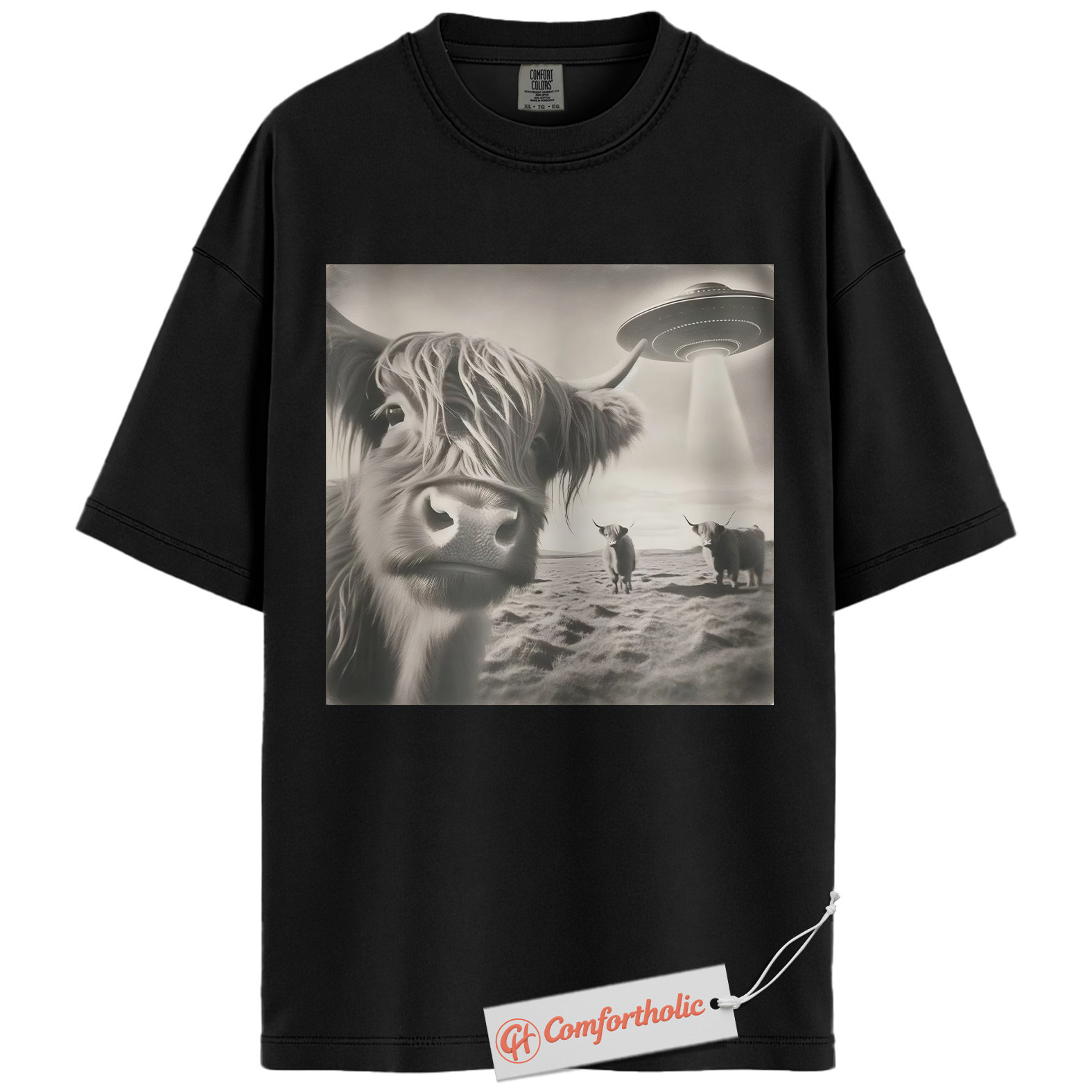 Highland Cow UFO Shirt, Funny Alien Abduction Farm T-Shirt, Surreal Cow Graphic Tee, Unique Gift for Ranchers & Space Lovers, Farmer Comfort Colors Shirt - Image 3