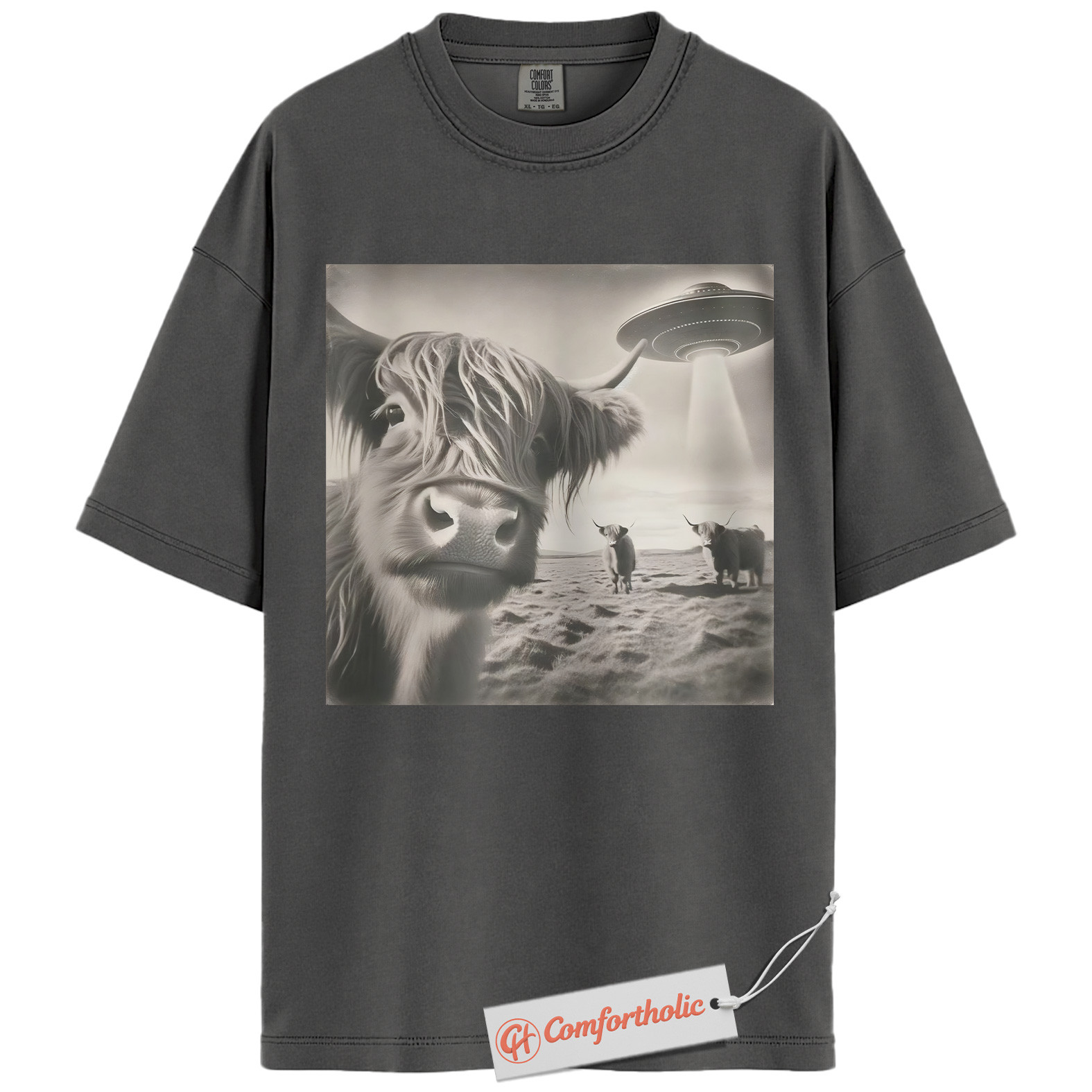 Highland Cow UFO Shirt, Funny Alien Abduction Farm T-Shirt, Surreal Cow Graphic Tee, Unique Gift for Ranchers & Space Lovers, Farmer Comfort Colors Shirt - Image 4