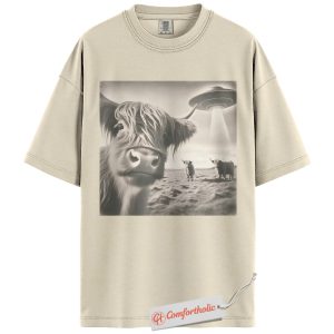 Highland Cow UFO Shirt, Funny Alien Abduction Farm T-Shirt, Surreal Cow Graphic Tee, Unique Gift for Ranchers & Space Lovers, Farmer Comfort Colors Shirt