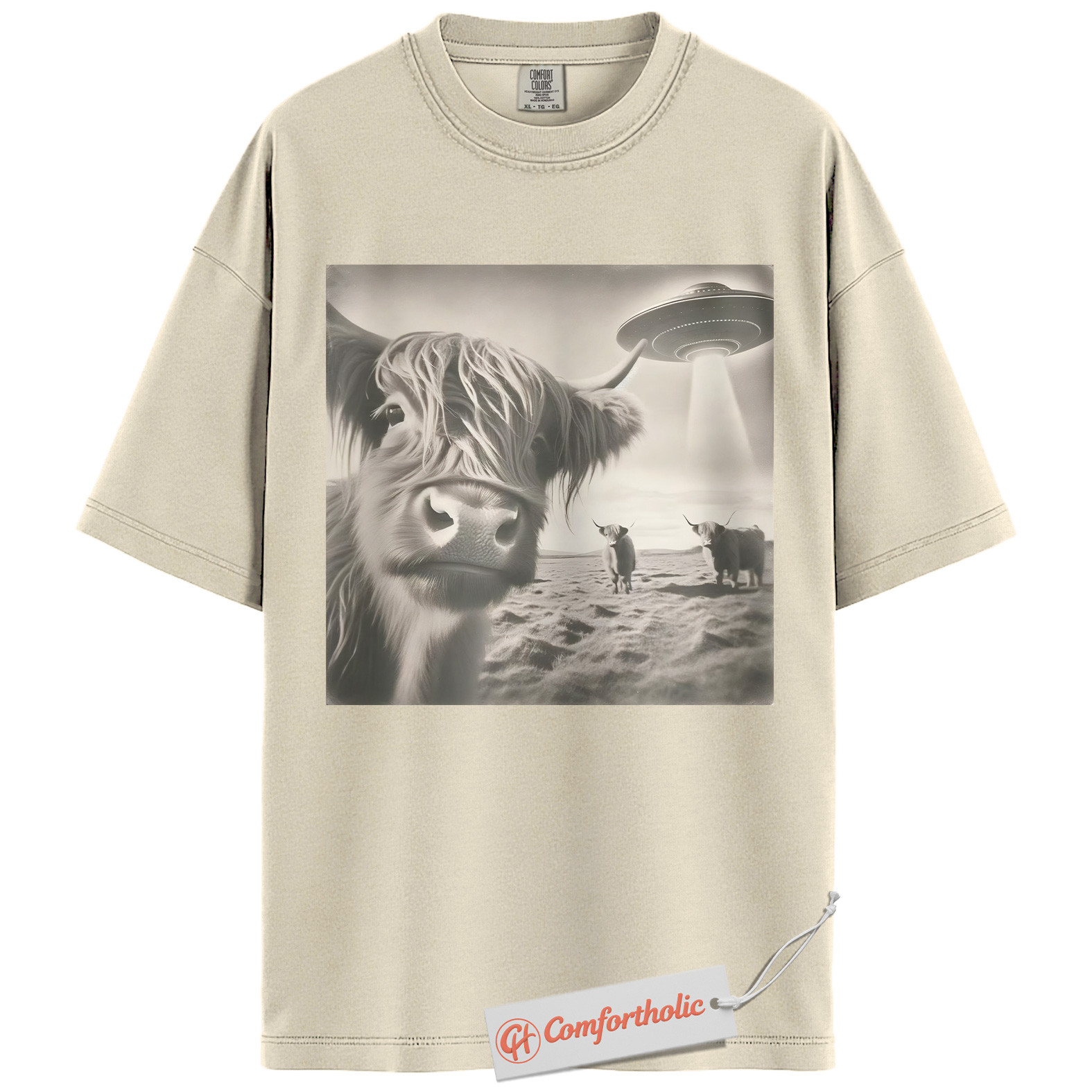 Highland Cow UFO Shirt, Funny Alien Abduction Farm T-Shirt, Surreal Cow Graphic Tee, Unique Gift for Ranchers & Space Lovers, Farmer Comfort Colors Shirt