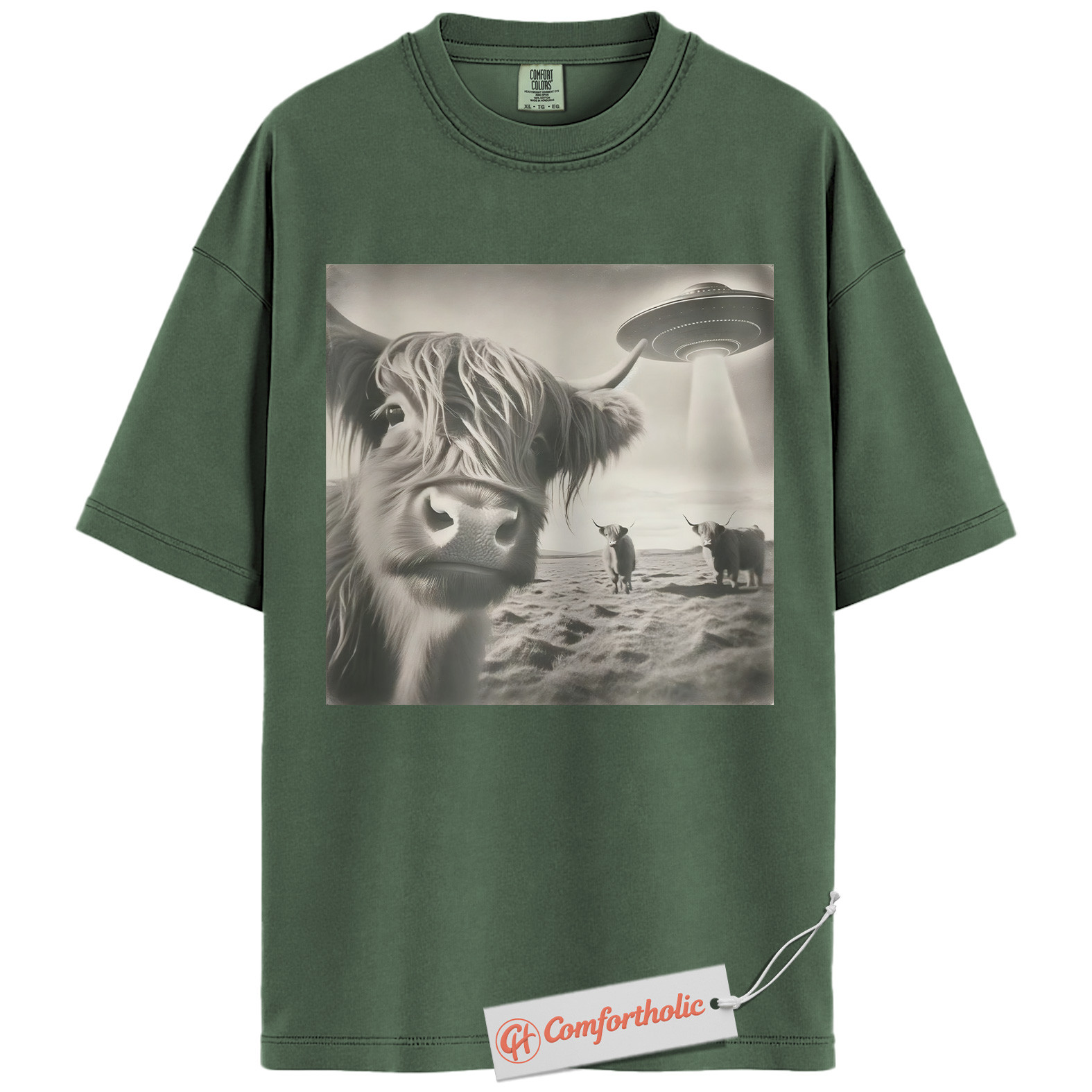 Highland Cow UFO Shirt, Funny Alien Abduction Farm T-Shirt, Surreal Cow Graphic Tee, Unique Gift for Ranchers & Space Lovers, Farmer Comfort Colors Shirt - Image 5