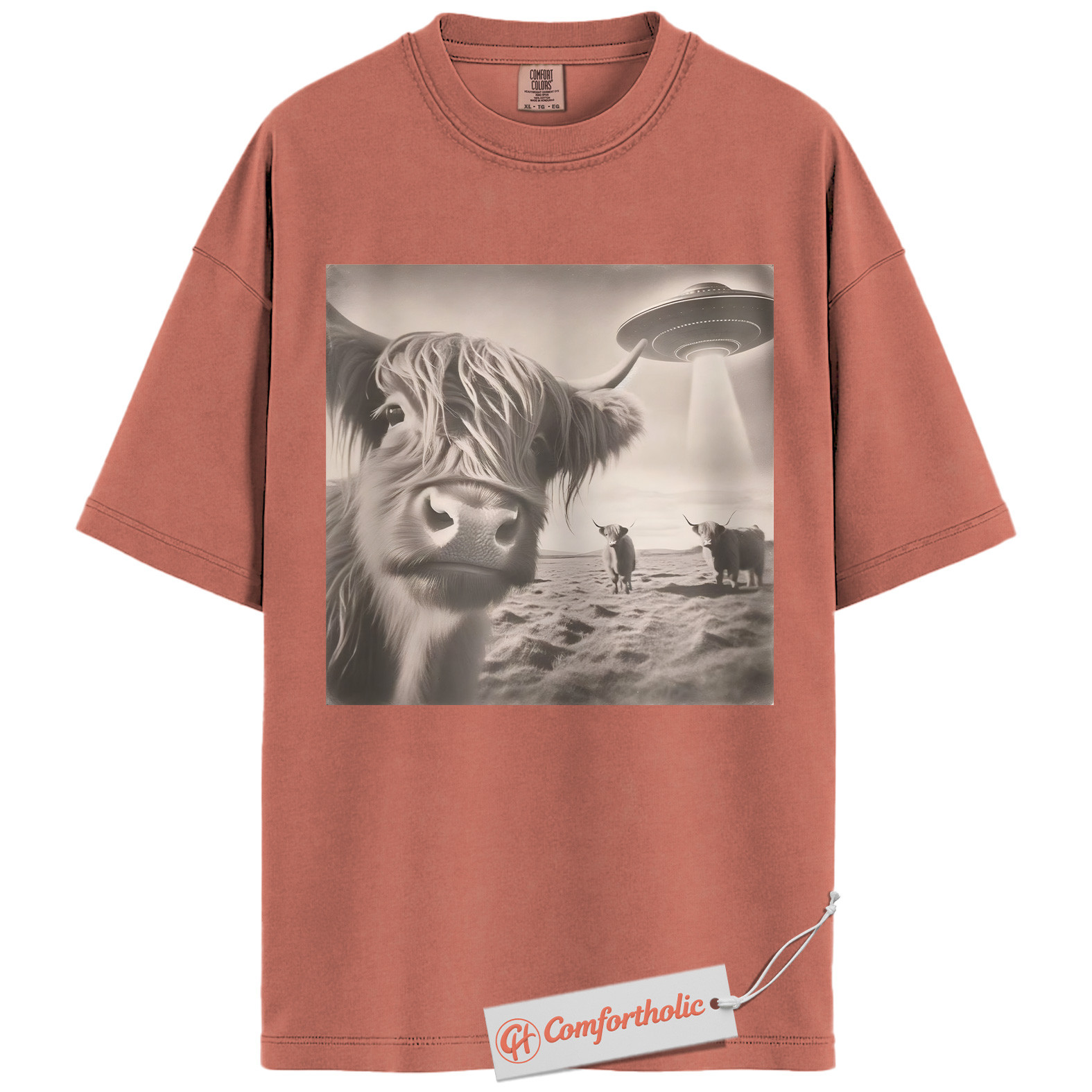 Highland Cow UFO Shirt, Funny Alien Abduction Farm T-Shirt, Surreal Cow Graphic Tee, Unique Gift for Ranchers & Space Lovers, Farmer Comfort Colors Shirt - Image 7