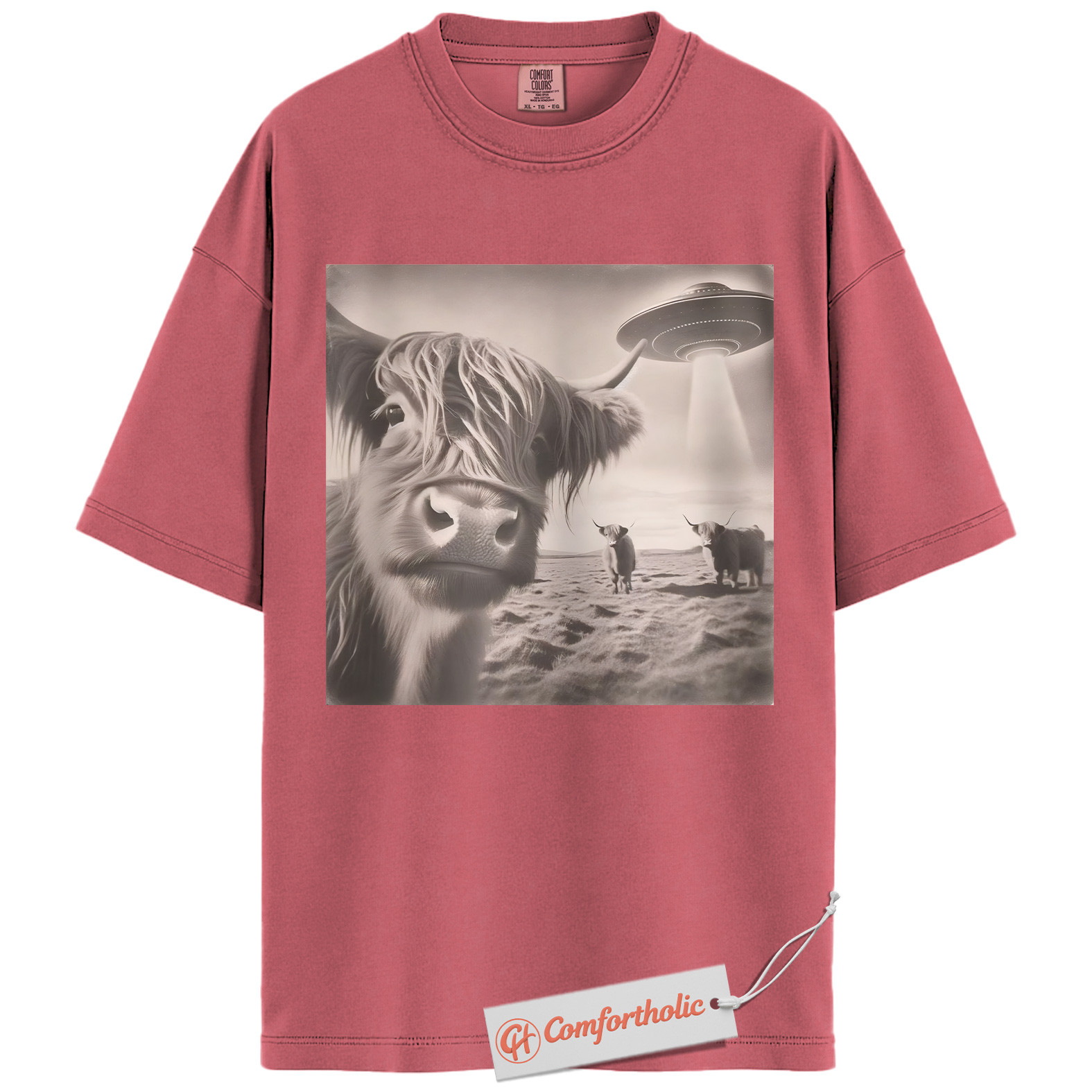 Highland Cow UFO Shirt, Funny Alien Abduction Farm T-Shirt, Surreal Cow Graphic Tee, Unique Gift for Ranchers & Space Lovers, Farmer Comfort Colors Shirt - Image 9