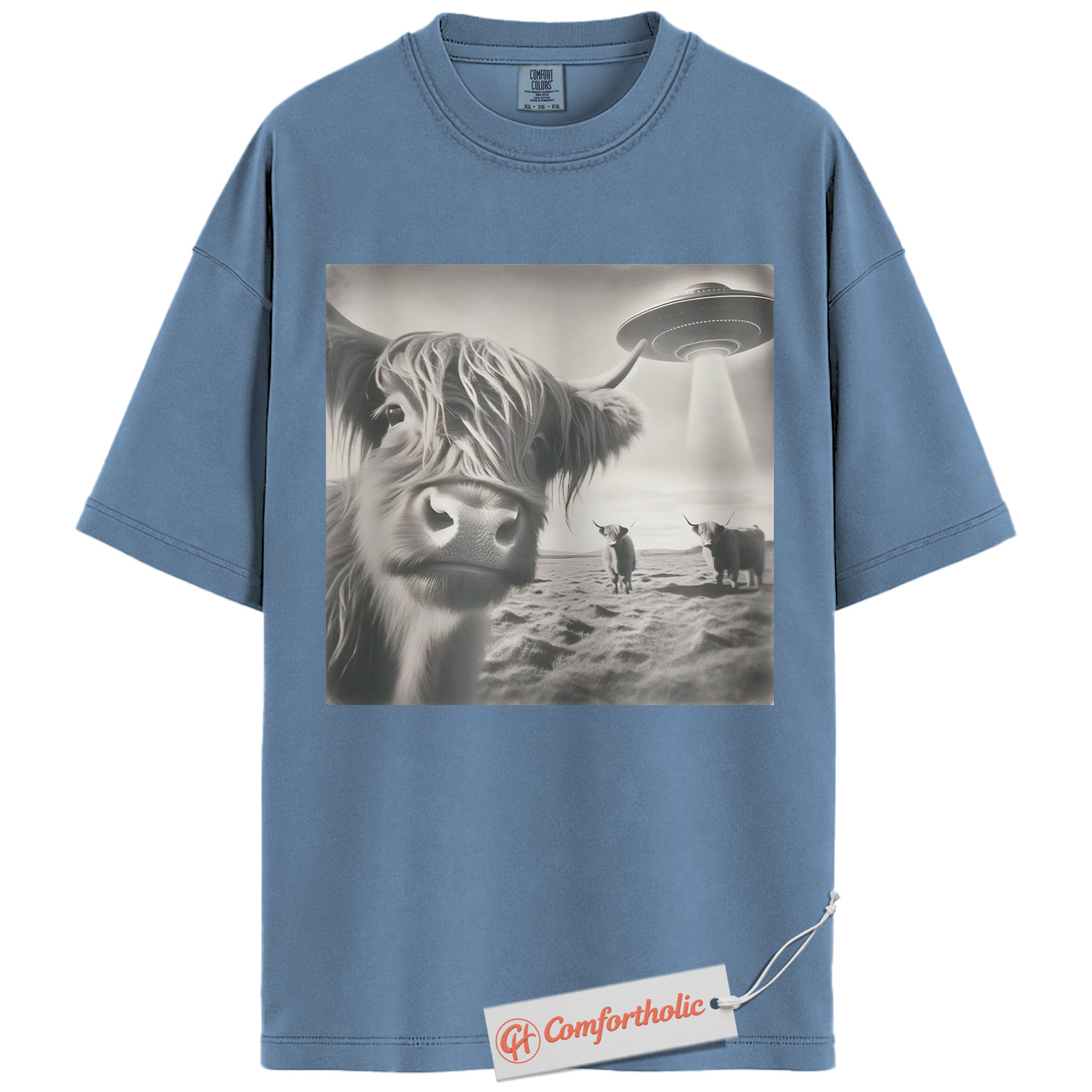 Highland Cow UFO Shirt, Funny Alien Abduction Farm T-Shirt, Surreal Cow Graphic Tee, Unique Gift for Ranchers & Space Lovers, Farmer Comfort Colors Shirt - Image 17