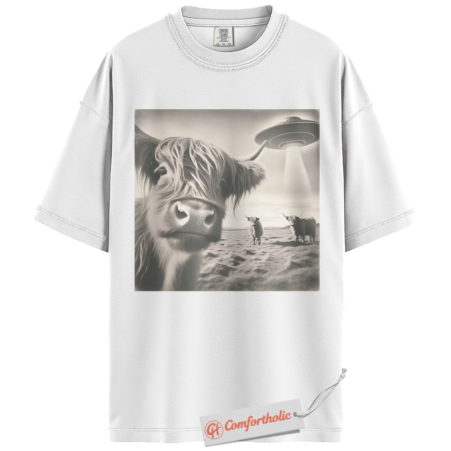 Highland Cow UFO Shirt, Funny Alien Abduction Farm T-Shirt, Surreal Cow Graphic Tee, Unique Gift for Ranchers & Space Lovers, Farmer Comfort Colors Shirt - Image 2