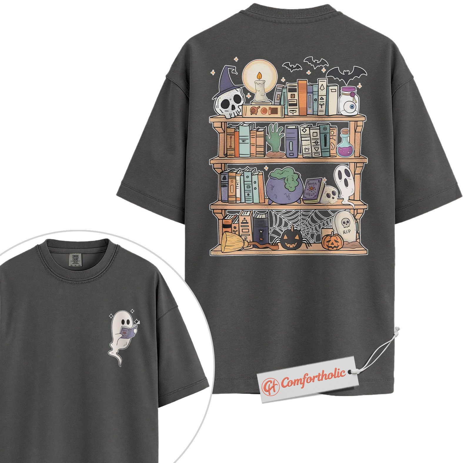 Spooky Bookshelf Shirt, Halloween Book Lover T-Shirt, Witchy Ghost Graphic Tee, Fall Comfort Colors Shirt 2-Sided - Image 4