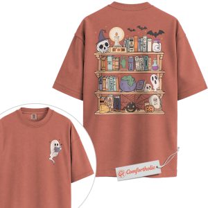 Spooky Bookshelf Shirt, Halloween Book Lover T-Shirt, Witchy Ghost Graphic Tee, Fall Comfort Colors Shirt 2-Sided