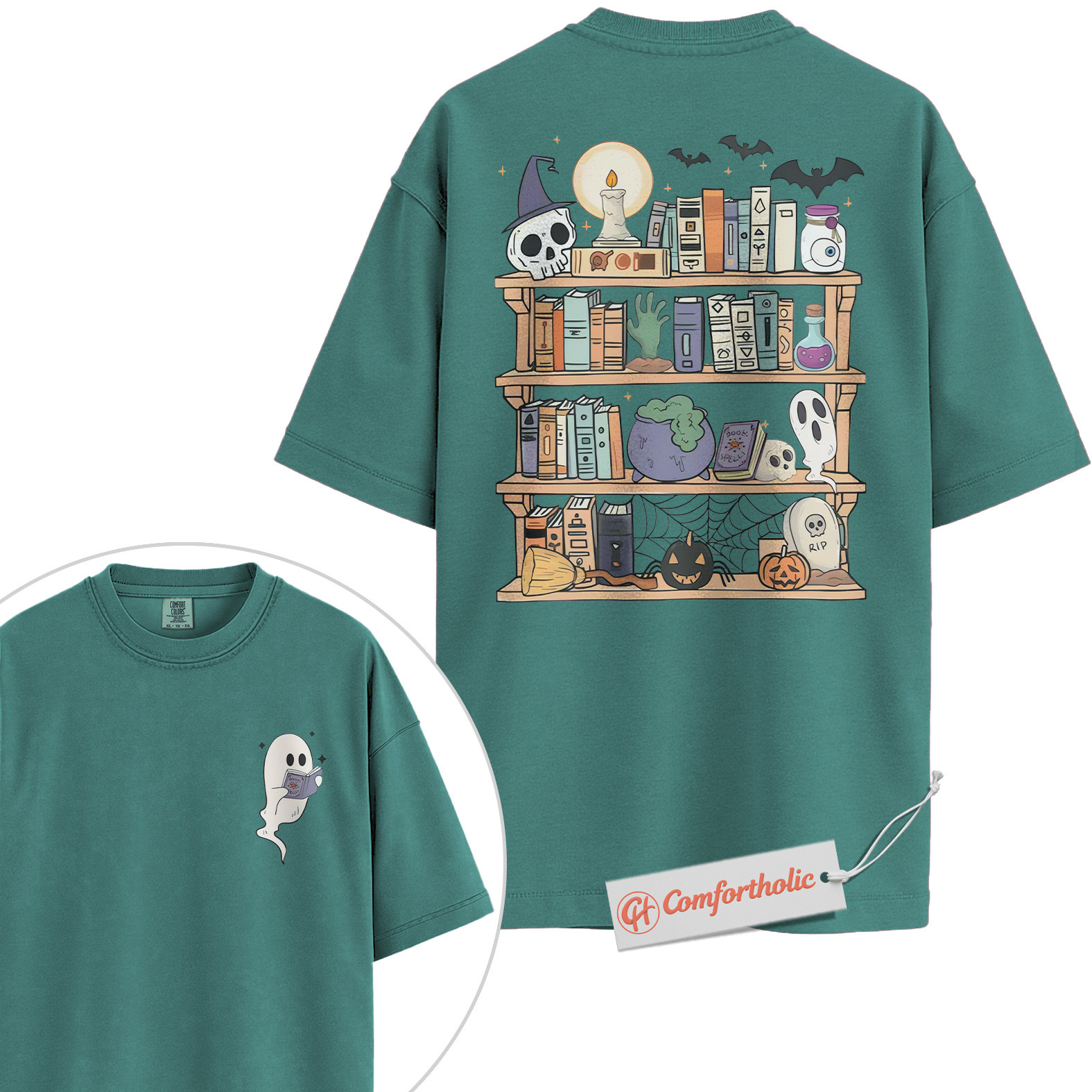 Spooky Bookshelf Shirt, Halloween Book Lover T-Shirt, Witchy Ghost Graphic Tee, Fall Comfort Colors Shirt 2-Sided - Image 13
