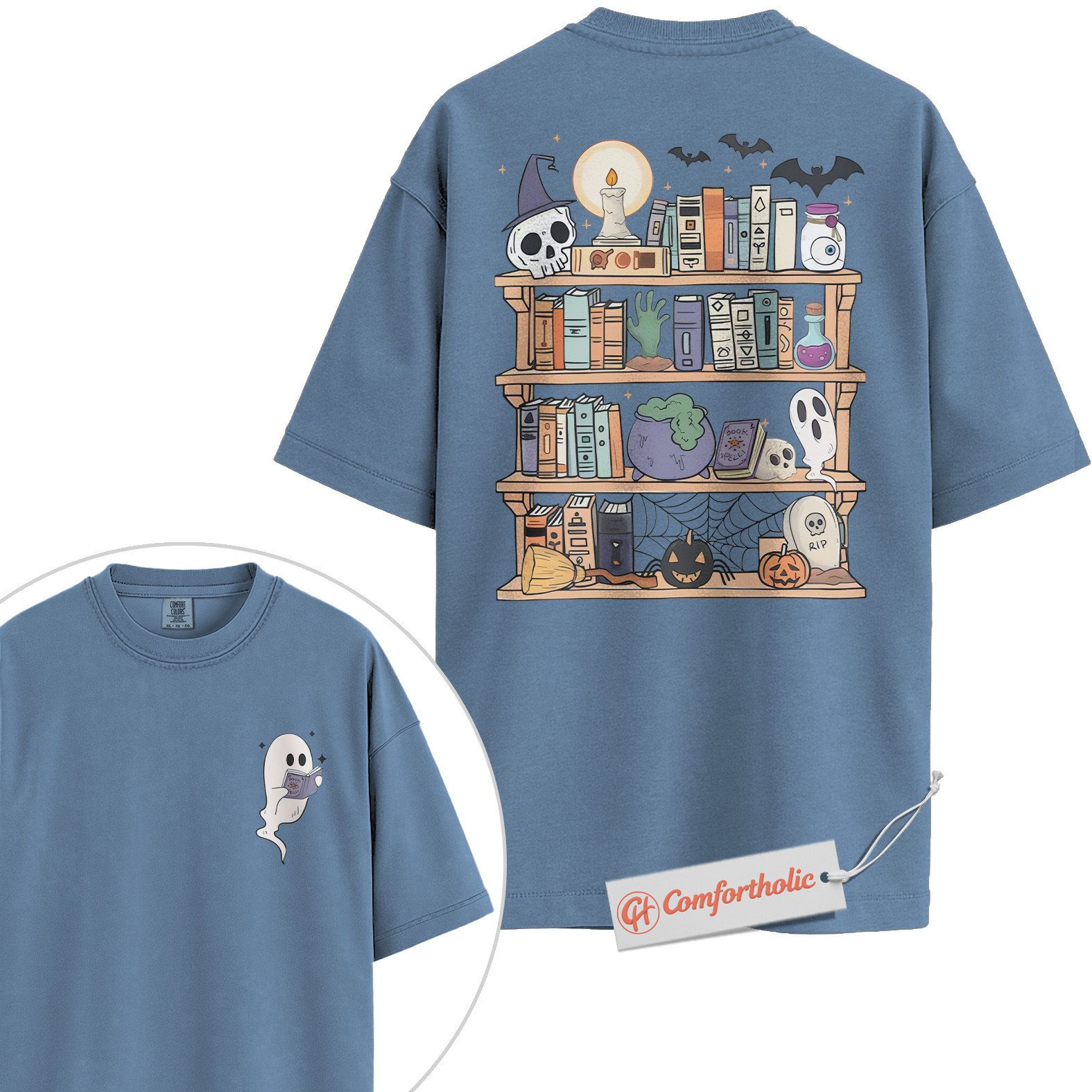 Spooky Bookshelf Shirt, Halloween Book Lover T-Shirt, Witchy Ghost Graphic Tee, Fall Comfort Colors Shirt 2-Sided - Image 17