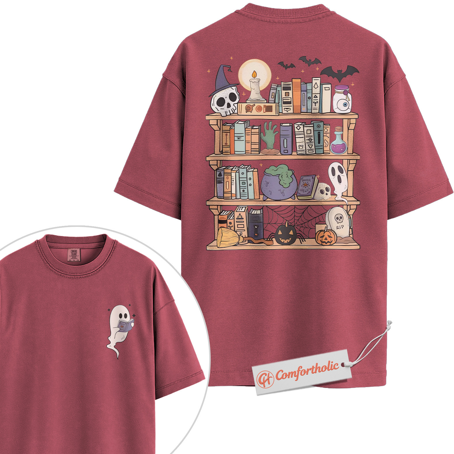 Spooky Bookshelf Shirt, Halloween Book Lover T-Shirt, Witchy Ghost Graphic Tee, Fall Comfort Colors Shirt 2-Sided - Image 18