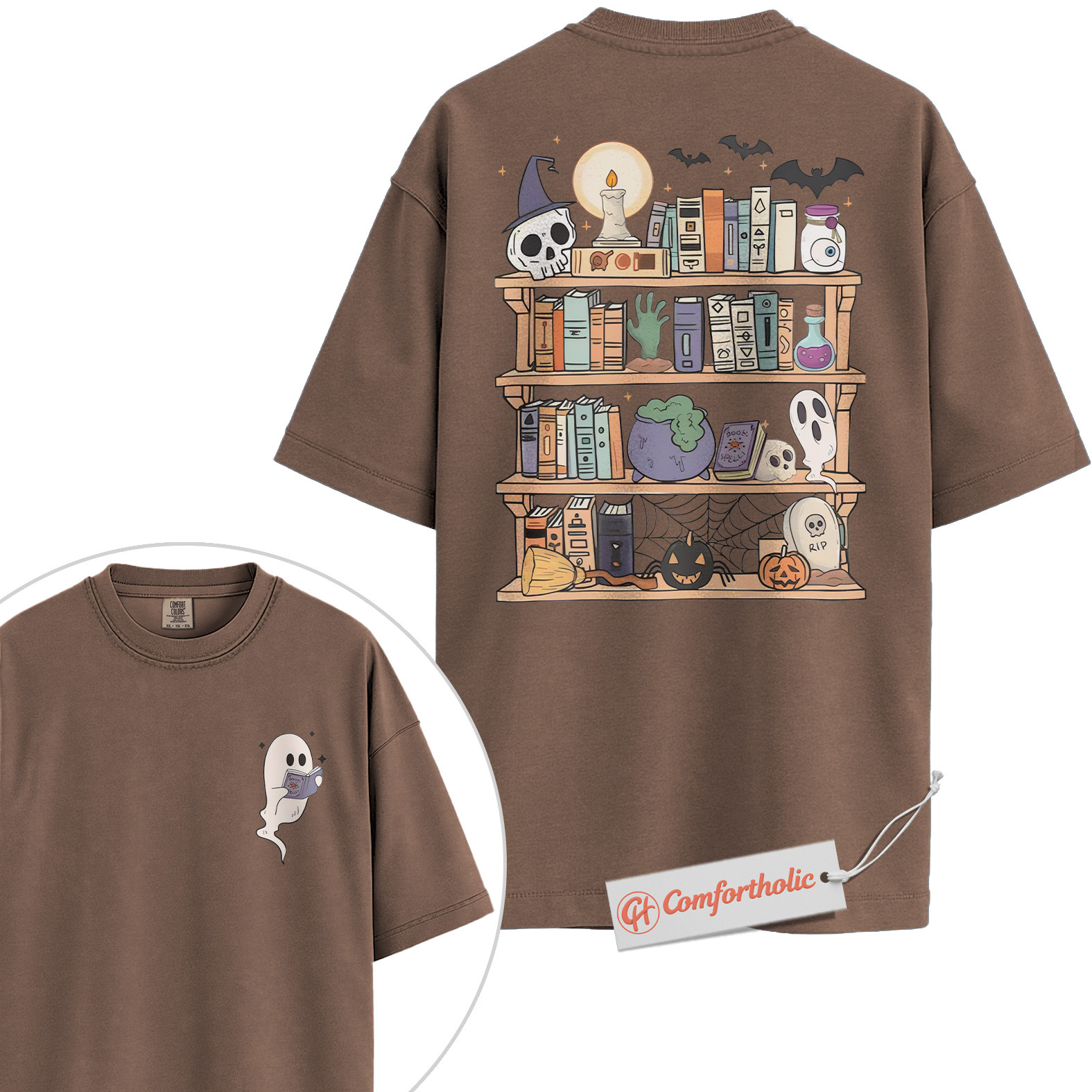 Spooky Bookshelf Shirt, Halloween Book Lover T-Shirt, Witchy Ghost Graphic Tee, Fall Comfort Colors Shirt 2-Sided - Image 19