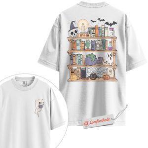 Alternative view of Spooky Bookshelf Shirt, Halloween Book Lover T-Shirt, Witchy Ghost Graphic Tee, Fall Comfort Colors Shirt 2-Sided