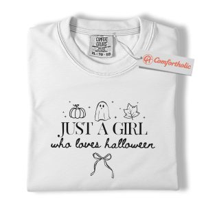 Alternative view of Just a Girl Who Loves Halloween Shirt, Fall Pumpkin & Ghost Graphic Tee, Seasonal Spooky T-Shirt, Halloween Comfort Colors Shirt