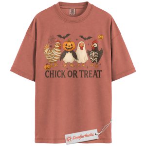 Alternative view of Chick or Treat Shirt, Halloween Chicken Graphic Tee, Cute Fall Farm Animal T-Shirt, Spooky Season Comfort Colors Shirt