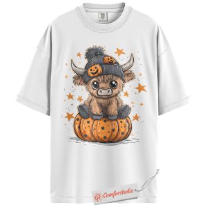 Alternative view of Cute Highland Cow Shirt, Spooky Pumpkin Cow Graphic Tee, Farm Animal Costume T-Shirt, Halloween Comfort Colors Shirt