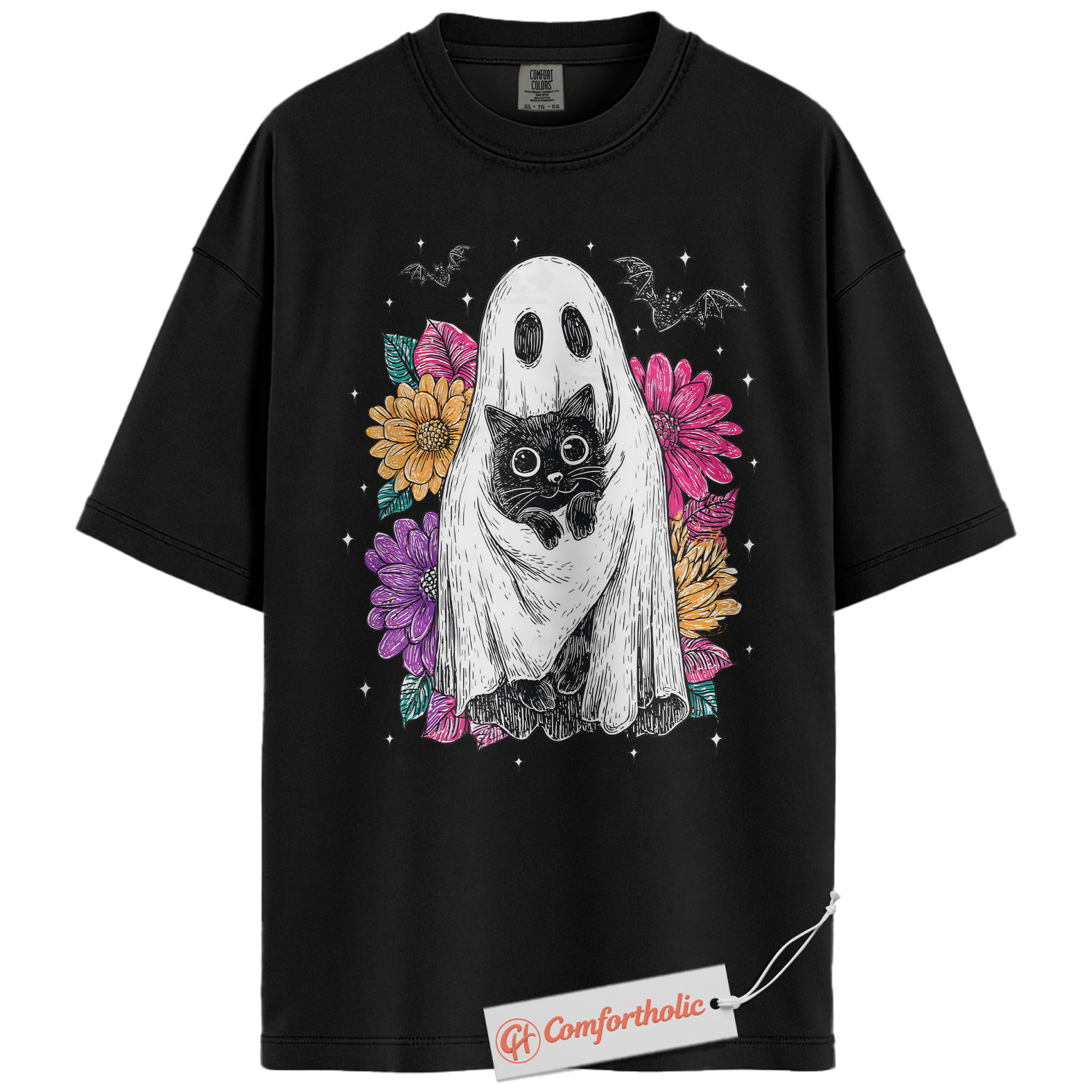 Ghost Cat Shirt, Floral Spooky Cat Graphic Tee, Cute Halloween Costume Tee, Halloween Comfort Colors Shirt - Image 3