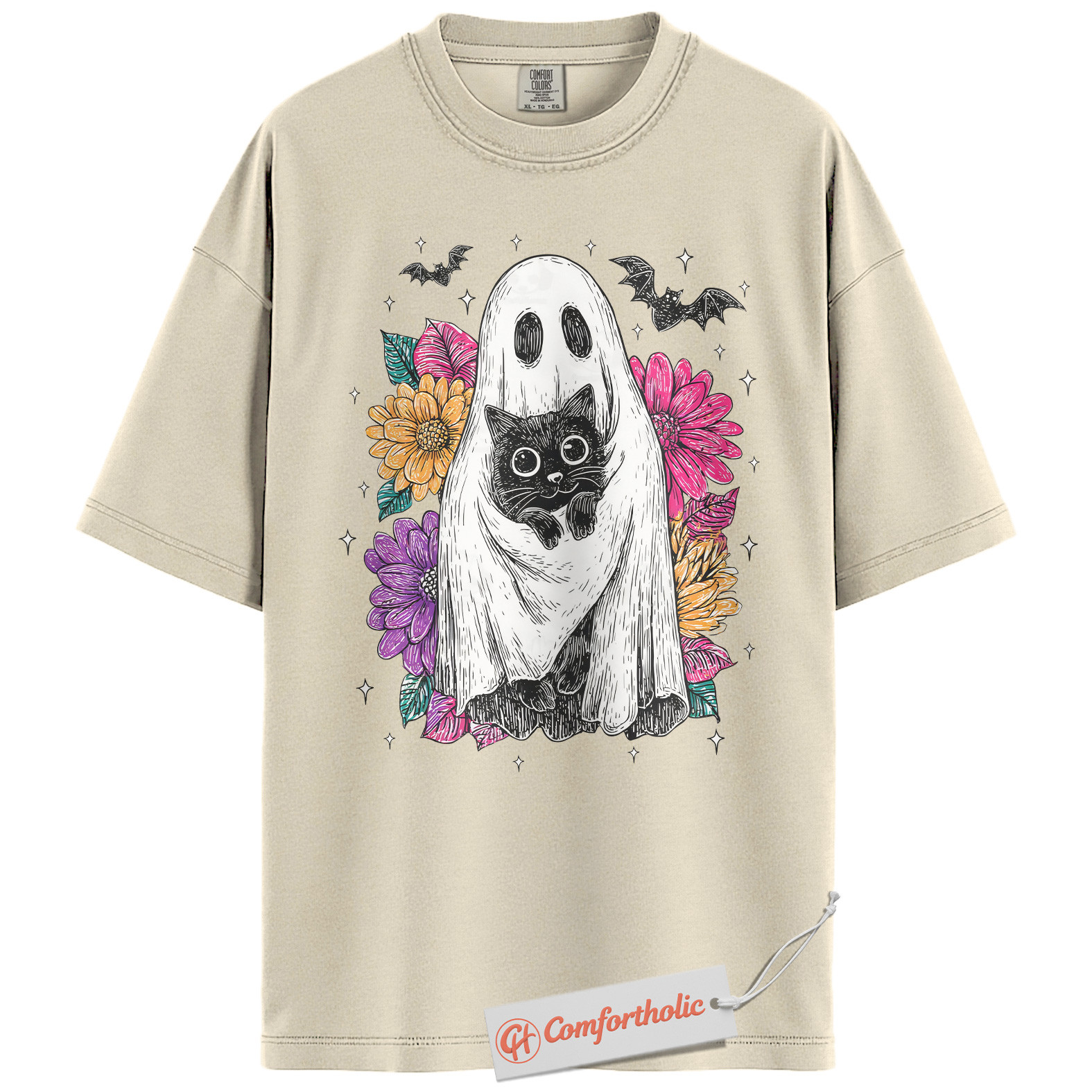 Ghost Cat Shirt, Floral Spooky Cat Graphic Tee, Cute Halloween Costume Tee, Halloween Comfort Colors Shirt - Image 5