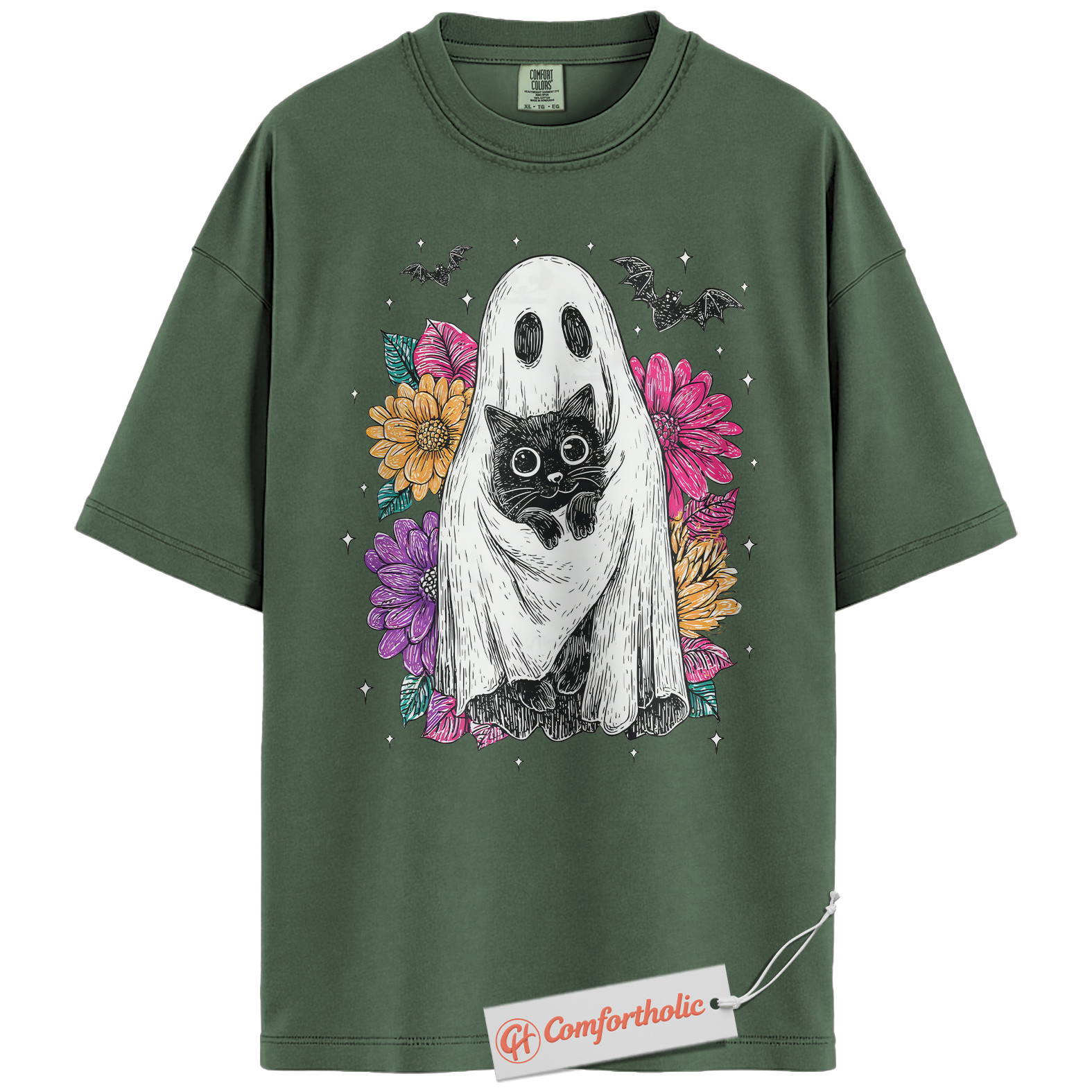 Ghost Cat Shirt, Floral Spooky Cat Graphic Tee, Cute Halloween Costume Tee, Halloween Comfort Colors Shirt - Image 6
