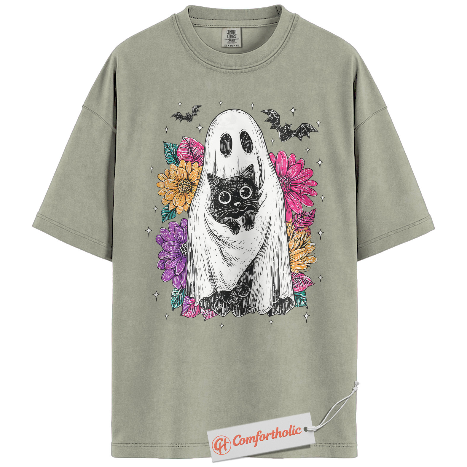 Ghost Cat Shirt, Floral Spooky Cat Graphic Tee, Cute Halloween Costume Tee, Halloween Comfort Colors Shirt - Image 7