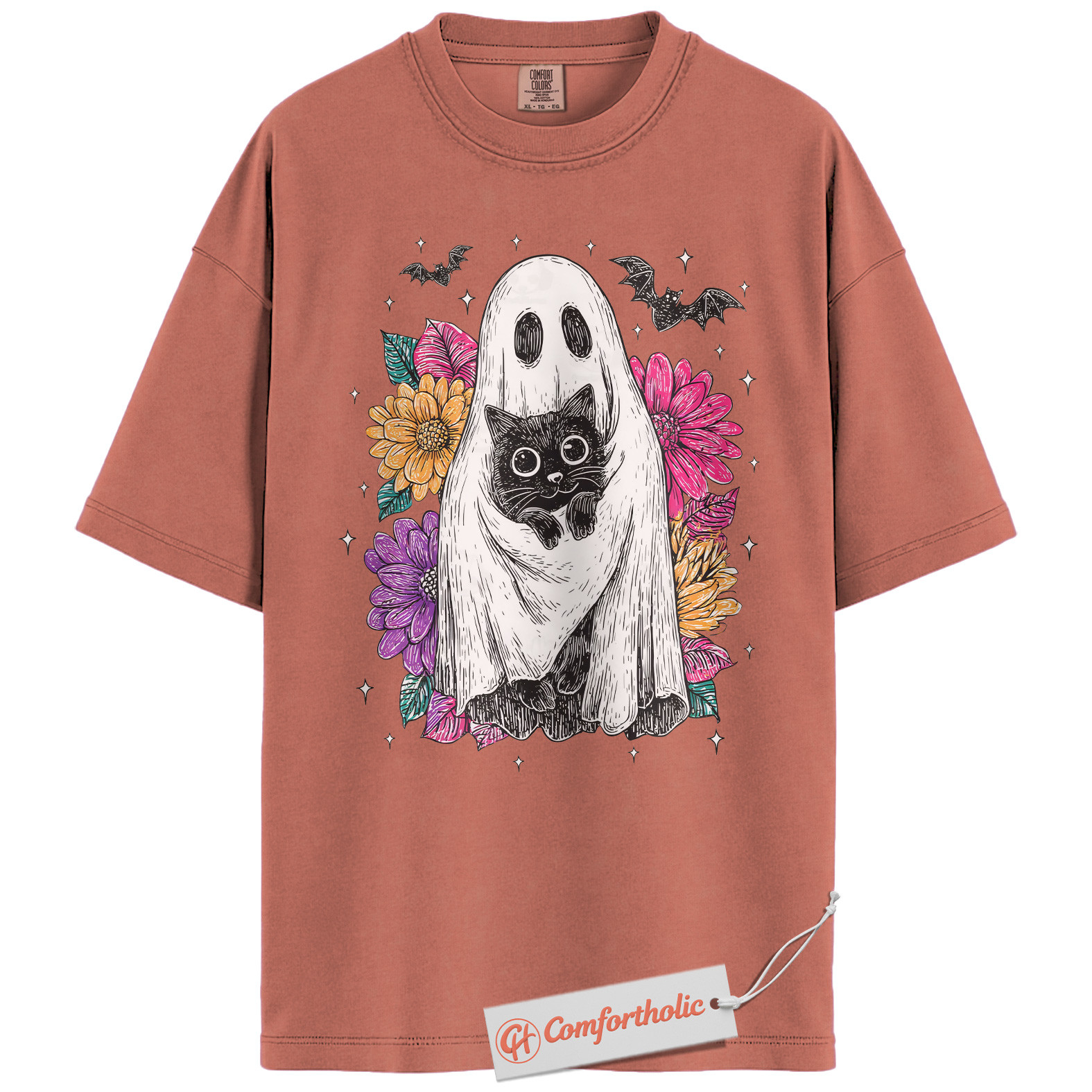Ghost Cat Shirt, Floral Spooky Cat Graphic Tee, Cute Halloween Costume Tee, Halloween Comfort Colors Shirt