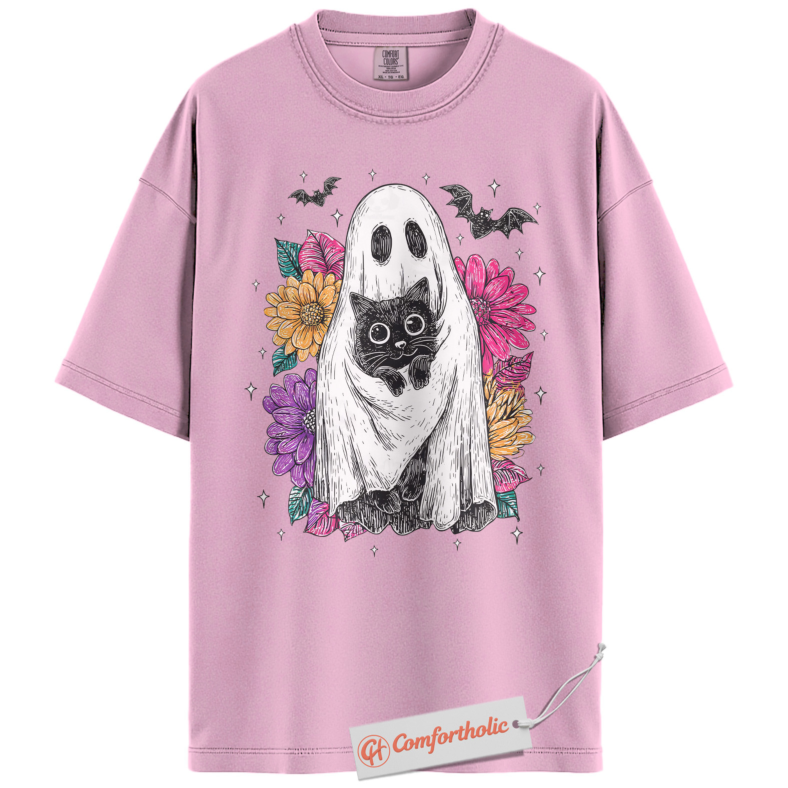 Ghost Cat Shirt, Floral Spooky Cat Graphic Tee, Cute Halloween Costume Tee, Halloween Comfort Colors Shirt - Image 8