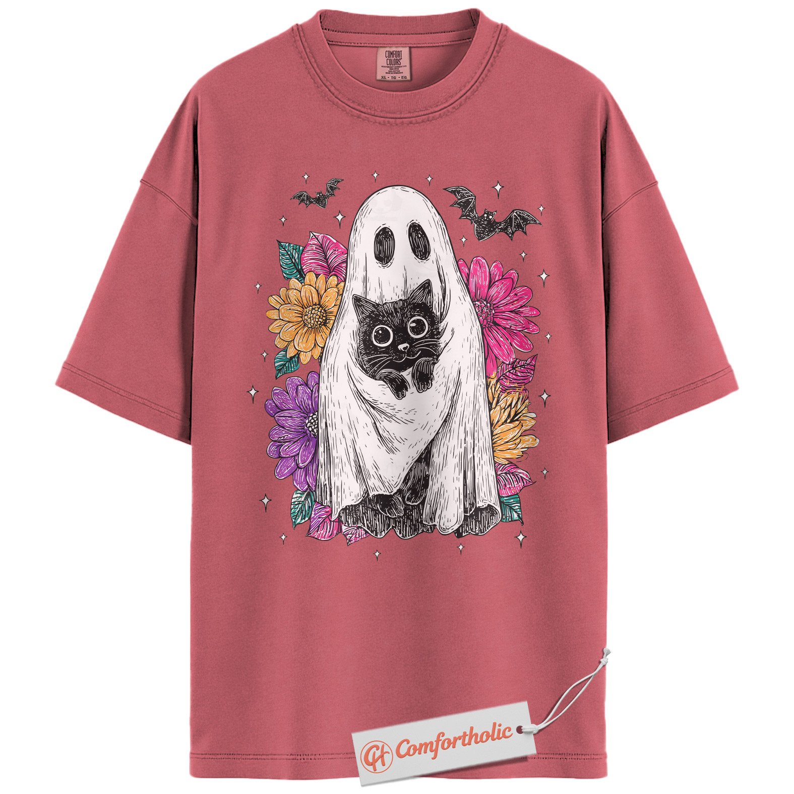 Ghost Cat Shirt, Floral Spooky Cat Graphic Tee, Cute Halloween Costume Tee, Halloween Comfort Colors Shirt - Image 9
