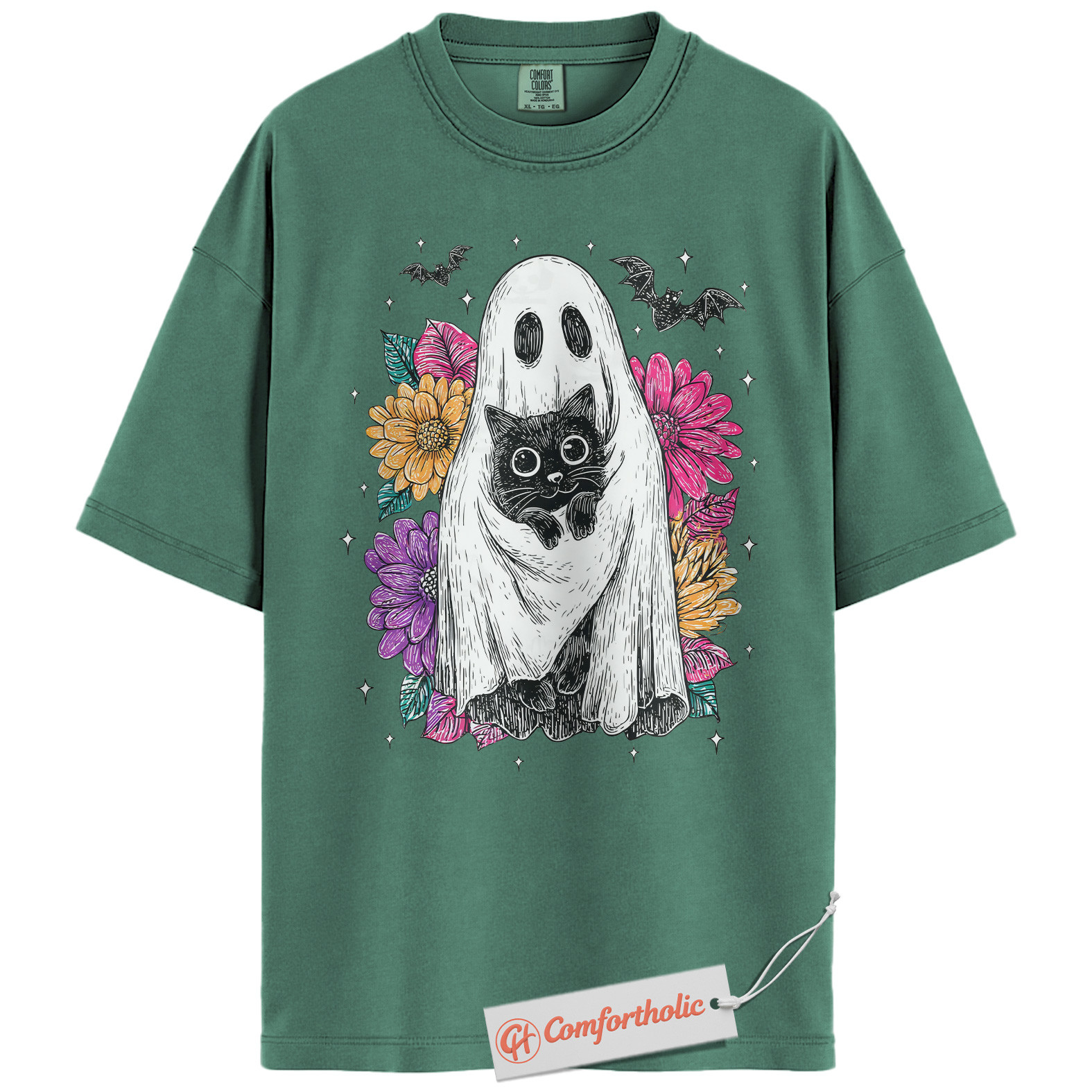 Ghost Cat Shirt, Floral Spooky Cat Graphic Tee, Cute Halloween Costume Tee, Halloween Comfort Colors Shirt - Image 10