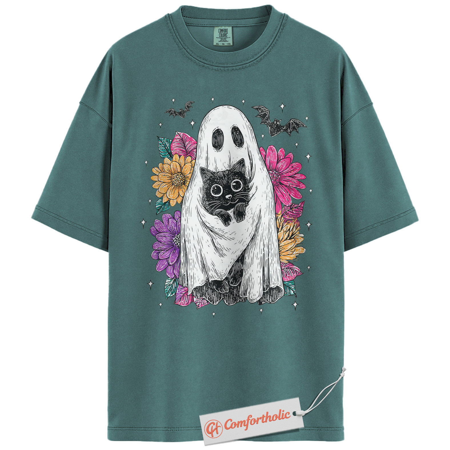 Ghost Cat Shirt, Floral Spooky Cat Graphic Tee, Cute Halloween Costume Tee, Halloween Comfort Colors Shirt - Image 11