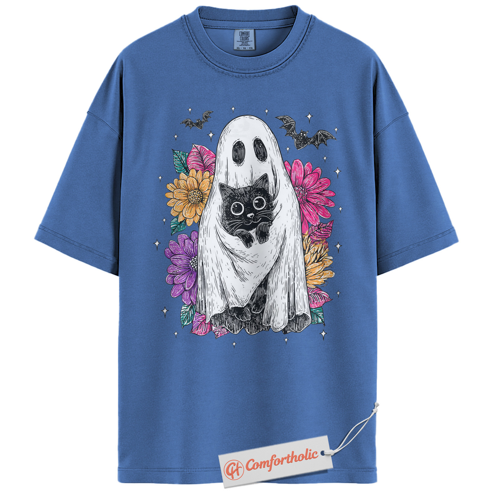 Ghost Cat Shirt, Floral Spooky Cat Graphic Tee, Cute Halloween Costume Tee, Halloween Comfort Colors Shirt - Image 12