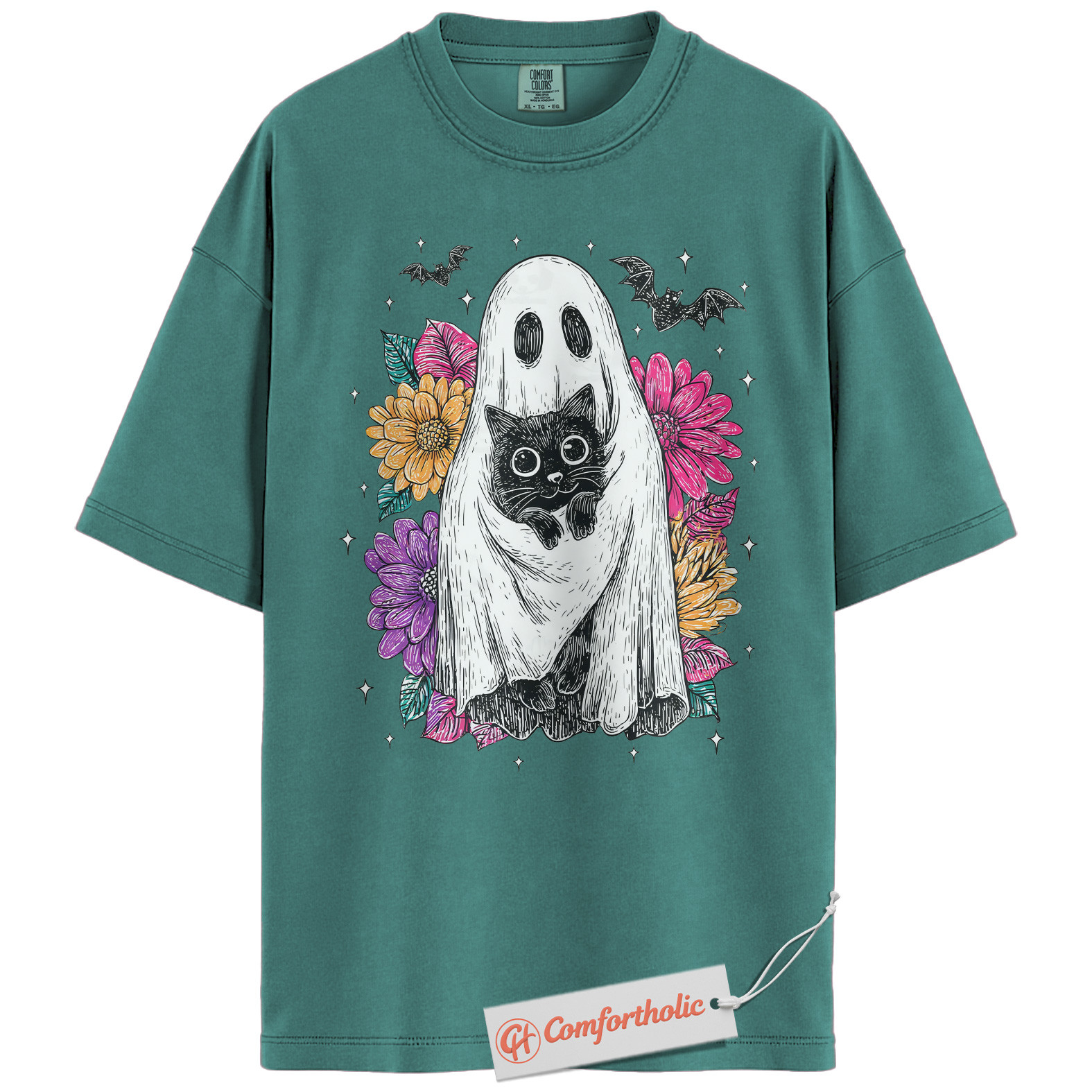Ghost Cat Shirt, Floral Spooky Cat Graphic Tee, Cute Halloween Costume Tee, Halloween Comfort Colors Shirt - Image 13