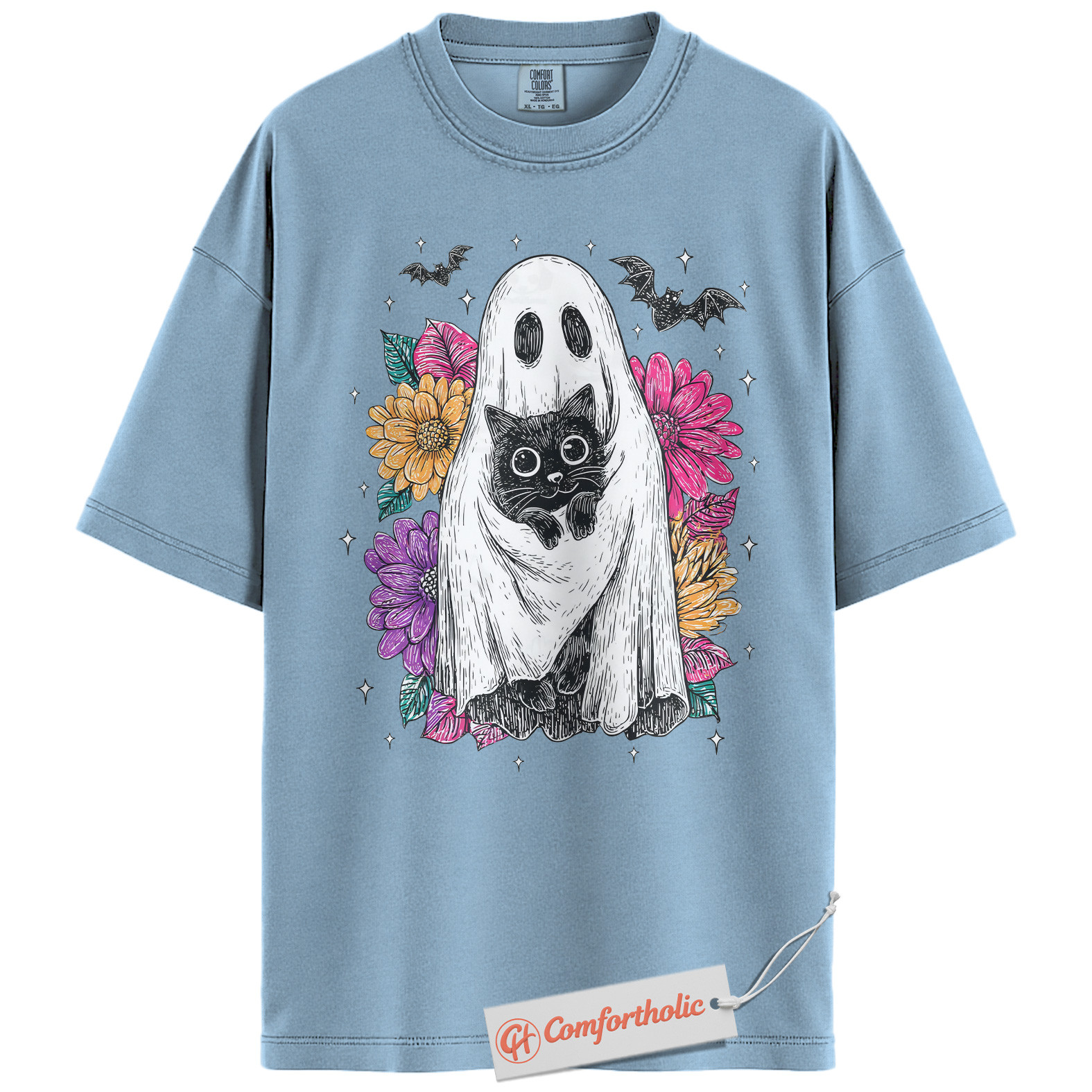 Ghost Cat Shirt, Floral Spooky Cat Graphic Tee, Cute Halloween Costume Tee, Halloween Comfort Colors Shirt - Image 14