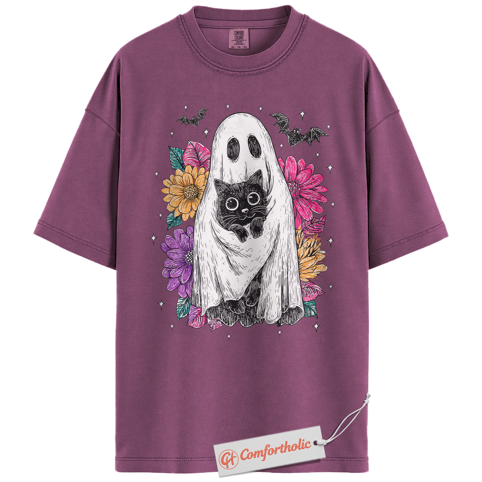 Ghost Cat Shirt, Floral Spooky Cat Graphic Tee, Cute Halloween Costume Tee, Halloween Comfort Colors Shirt - Image 15