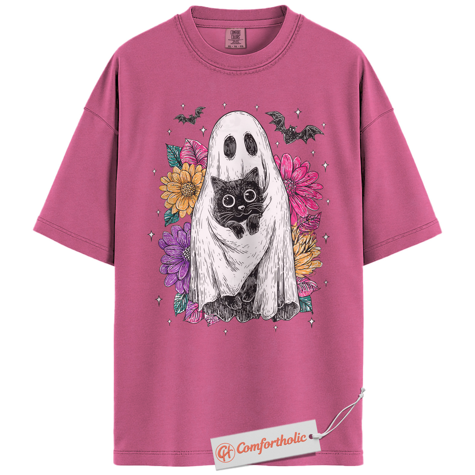 Ghost Cat Shirt, Floral Spooky Cat Graphic Tee, Cute Halloween Costume Tee, Halloween Comfort Colors Shirt - Image 16