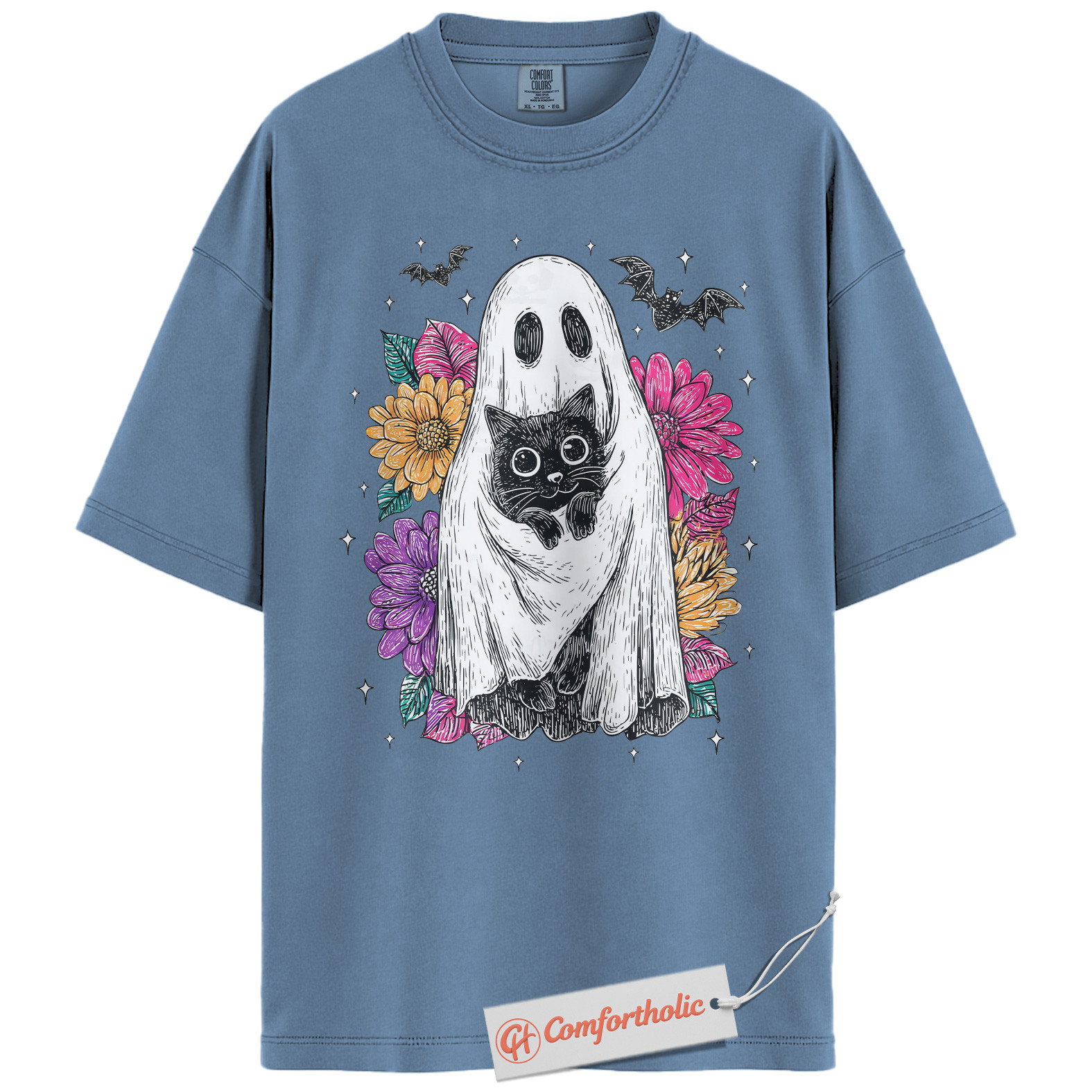 Ghost Cat Shirt, Floral Spooky Cat Graphic Tee, Cute Halloween Costume Tee, Halloween Comfort Colors Shirt - Image 17