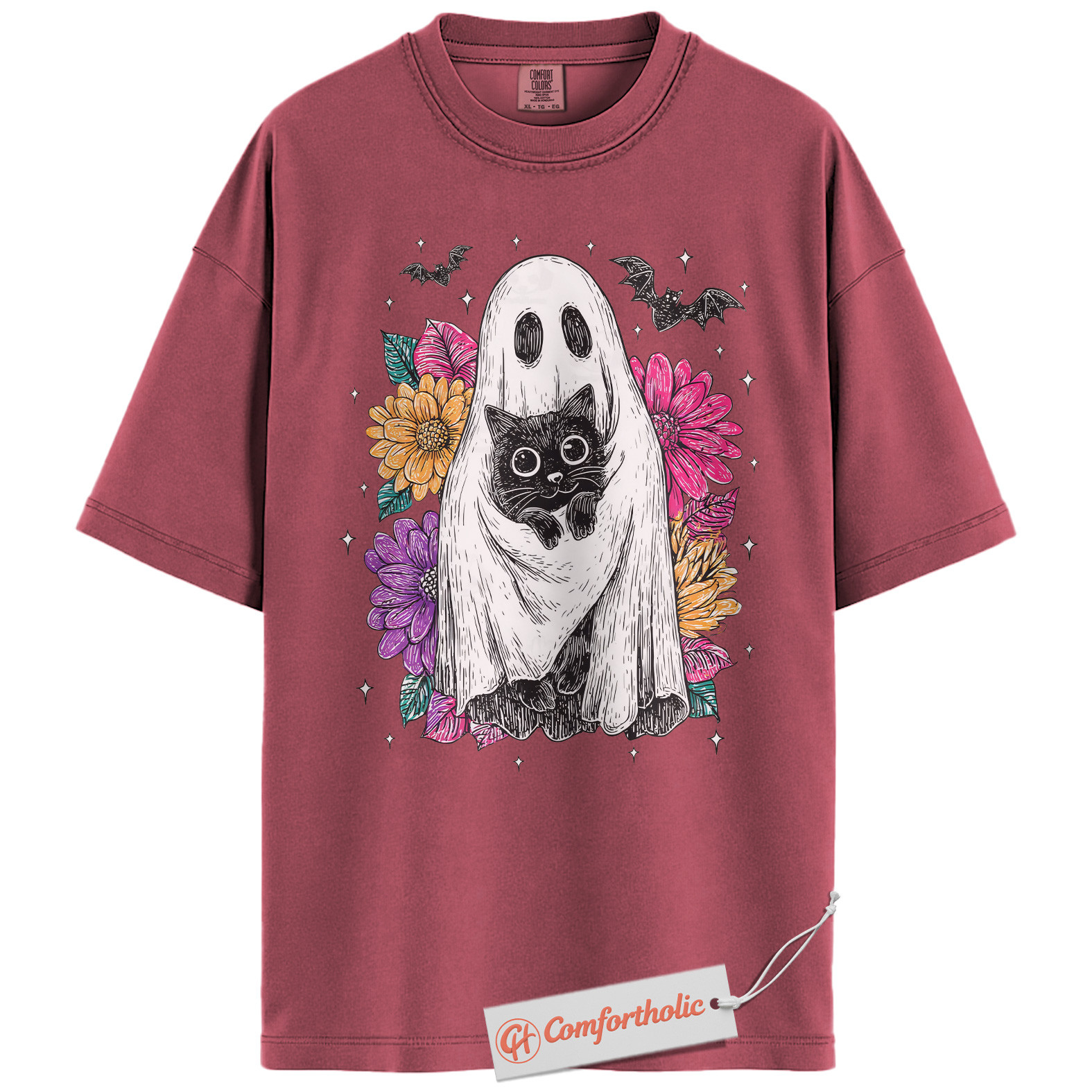 Ghost Cat Shirt, Floral Spooky Cat Graphic Tee, Cute Halloween Costume Tee, Halloween Comfort Colors Shirt - Image 18