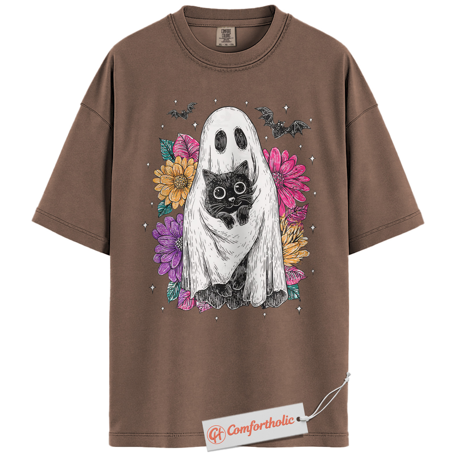 Ghost Cat Shirt, Floral Spooky Cat Graphic Tee, Cute Halloween Costume Tee, Halloween Comfort Colors Shirt - Image 19