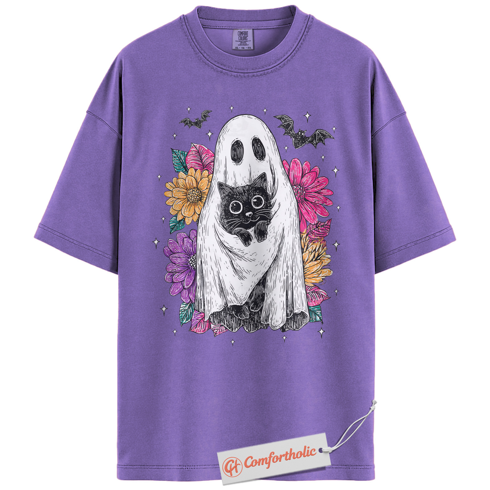 Ghost Cat Shirt, Floral Spooky Cat Graphic Tee, Cute Halloween Costume Tee, Halloween Comfort Colors Shirt - Image 20
