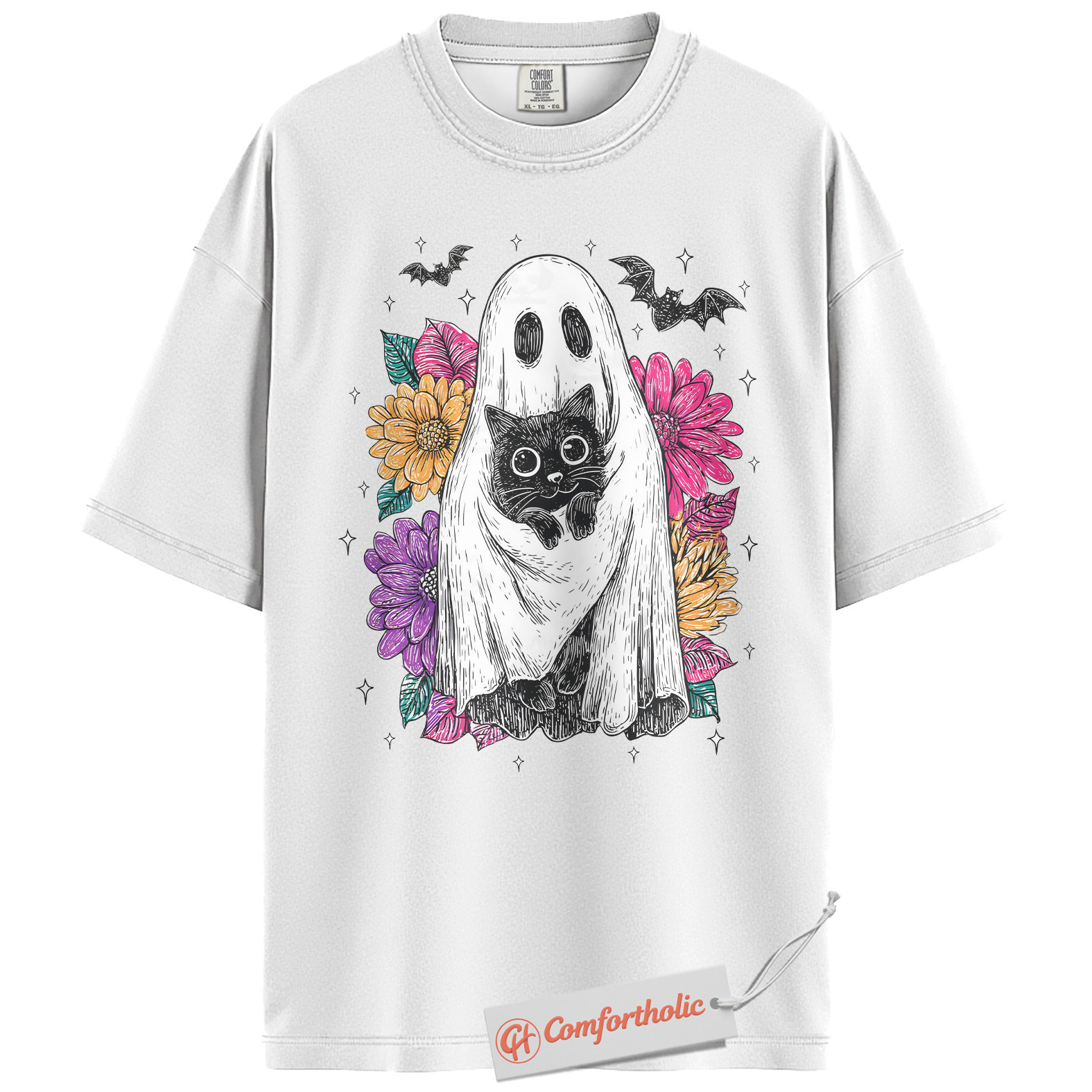Ghost Cat Shirt, Floral Spooky Cat Graphic Tee, Cute Halloween Costume Tee, Halloween Comfort Colors Shirt - Image 2