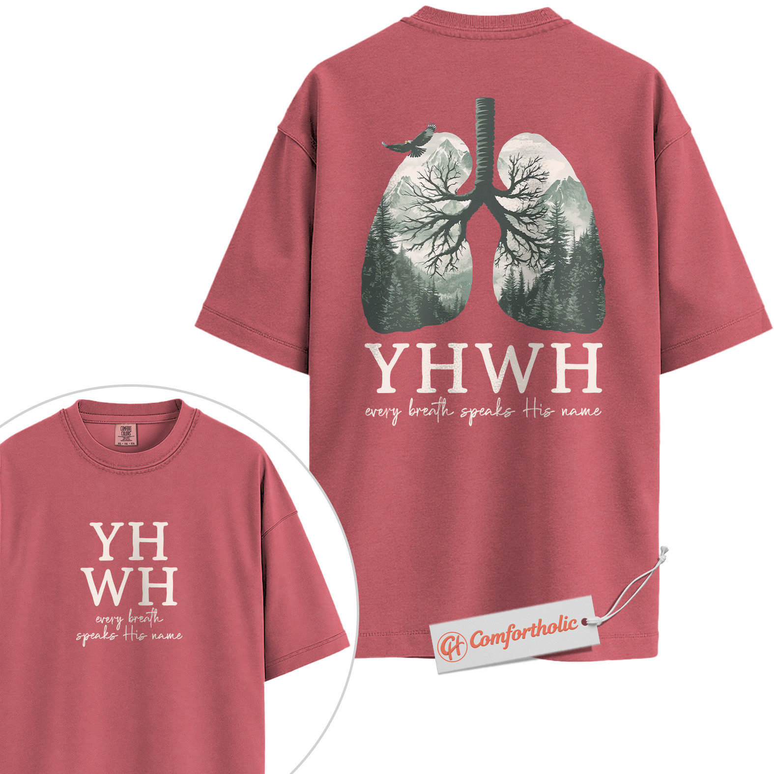 YHWH Shirt, Every Breath Speaks His Name Shirt, Christian Shirt, Lung Tree Graphic Tee, Nature Faith Bible Verse T-Shirt, Religious Comfort Colors Shirt 2-Sided - Image 9