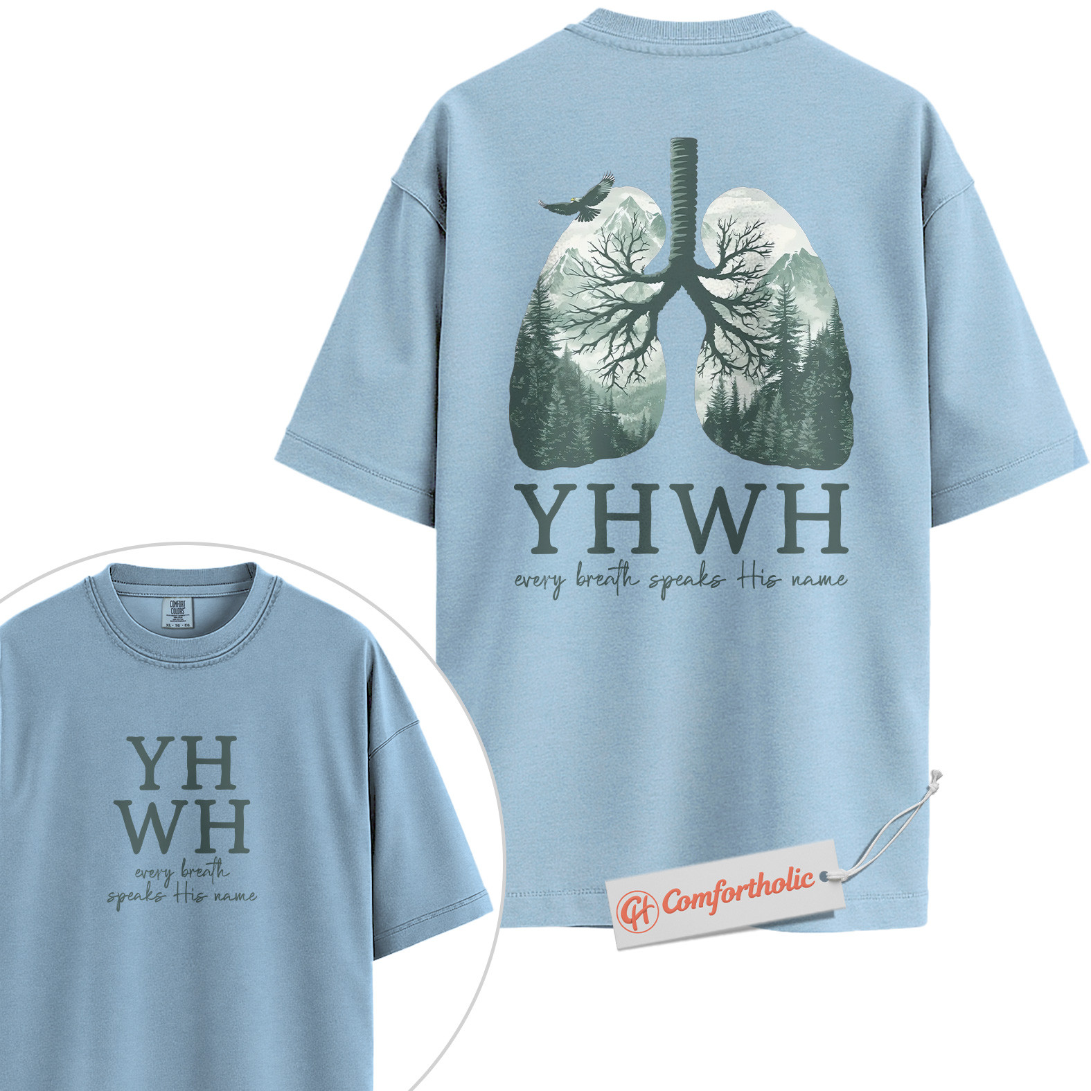 YHWH Shirt, Every Breath Speaks His Name Shirt, Christian Shirt, Lung Tree Graphic Tee, Nature Faith Bible Verse T-Shirt, Religious Comfort Colors Shirt 2-Sided - Image 14