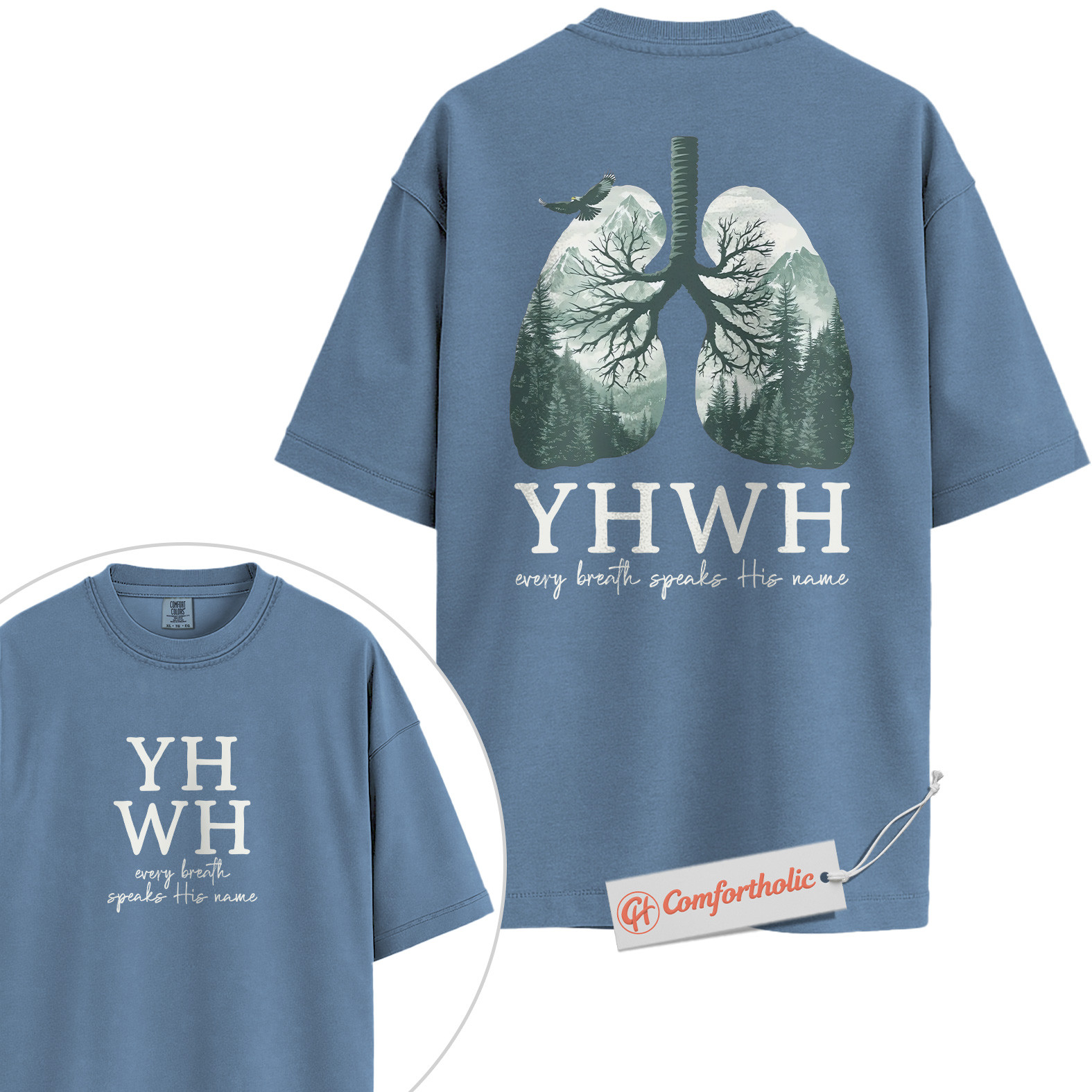 YHWH Shirt, Every Breath Speaks His Name Shirt, Christian Shirt, Lung Tree Graphic Tee, Nature Faith Bible Verse T-Shirt, Religious Comfort Colors Shirt 2-Sided - Image 17