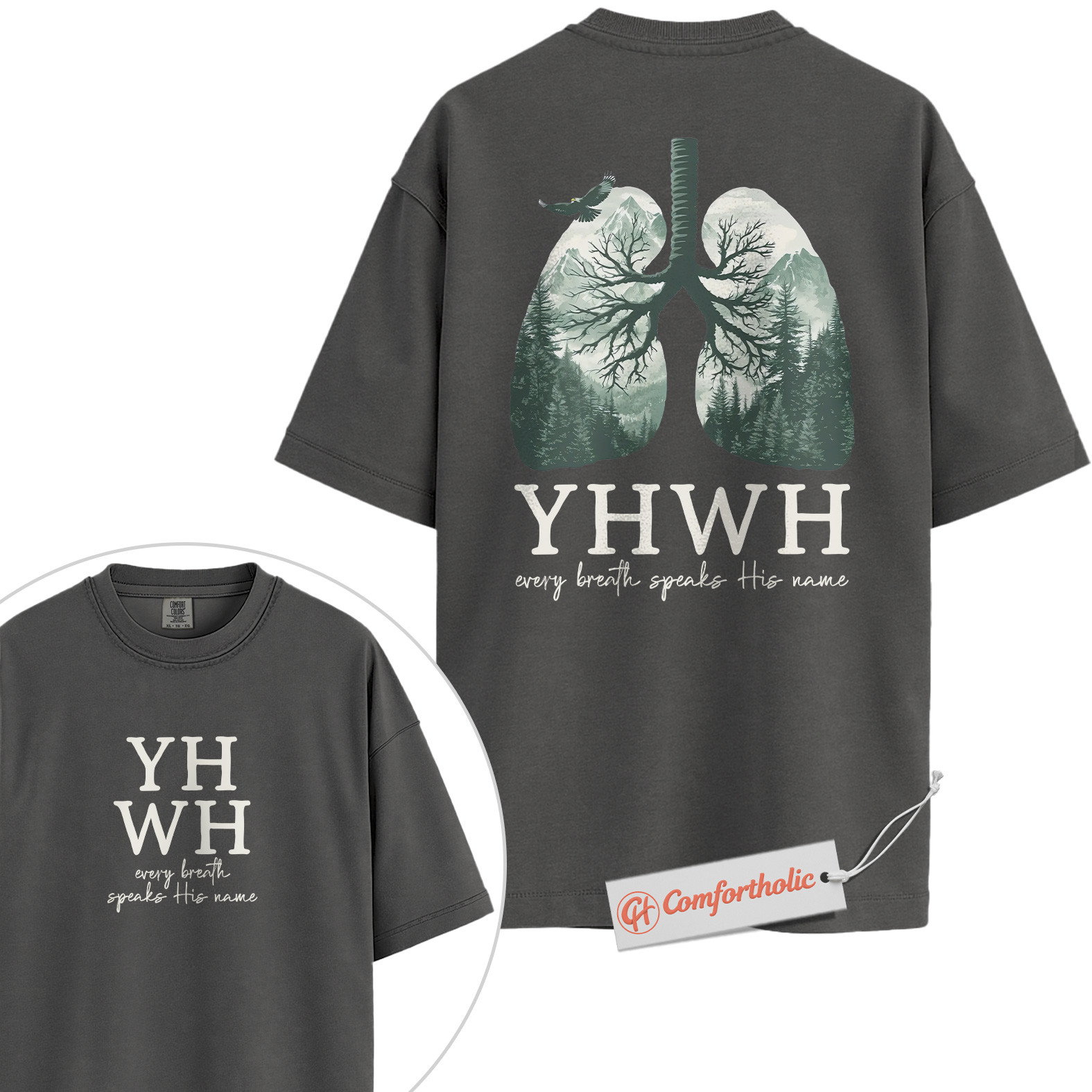 YHWH Shirt, Every Breath Speaks His Name Shirt, Christian Shirt, Lung Tree Graphic Tee, Nature Faith Bible Verse T-Shirt, Religious Comfort Colors Shirt 2-Sided - Image 4