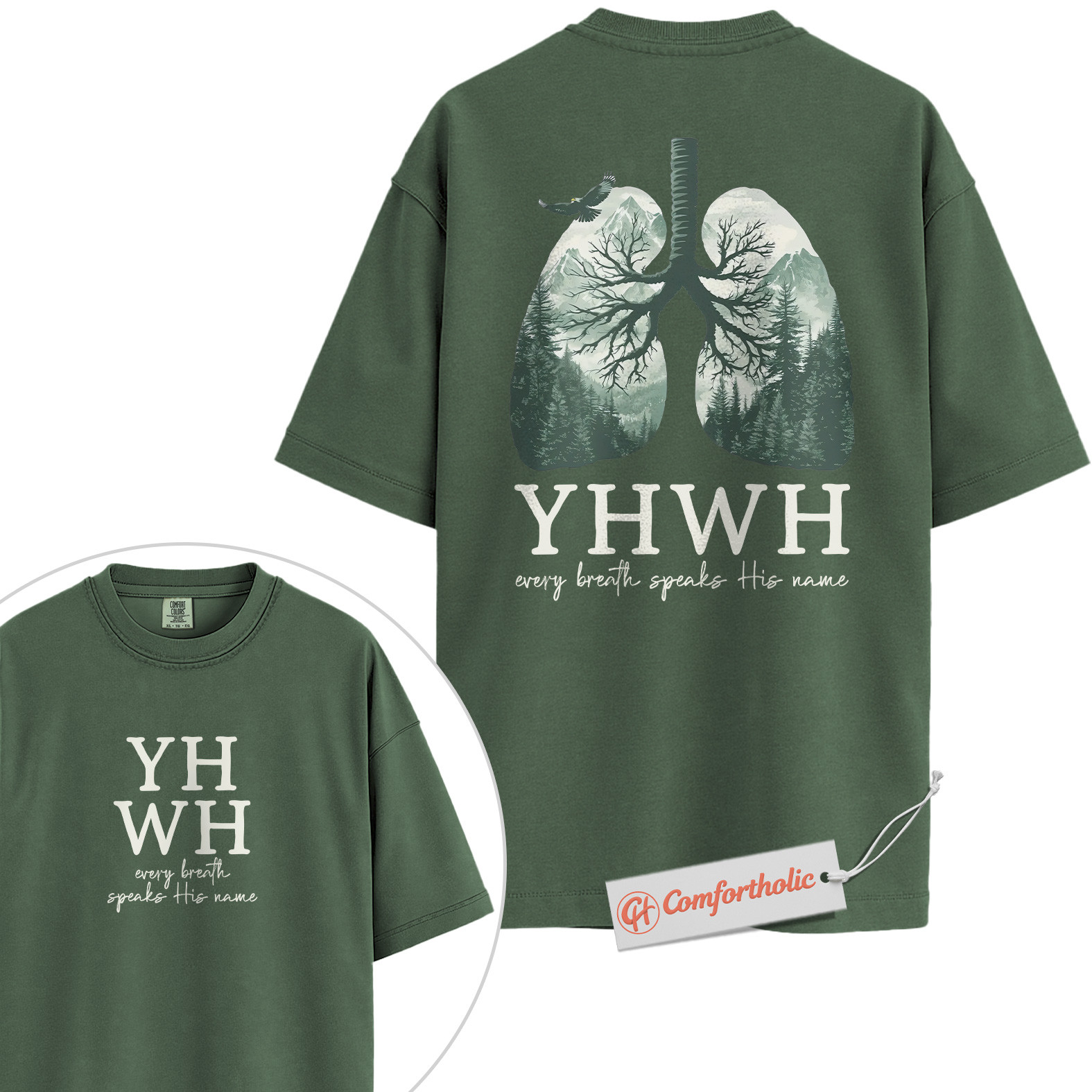 YHWH Shirt, Every Breath Speaks His Name Shirt, Christian Shirt, Lung Tree Graphic Tee, Nature Faith Bible Verse T-Shirt, Religious Comfort Colors Shirt 2-Sided - Image 5
