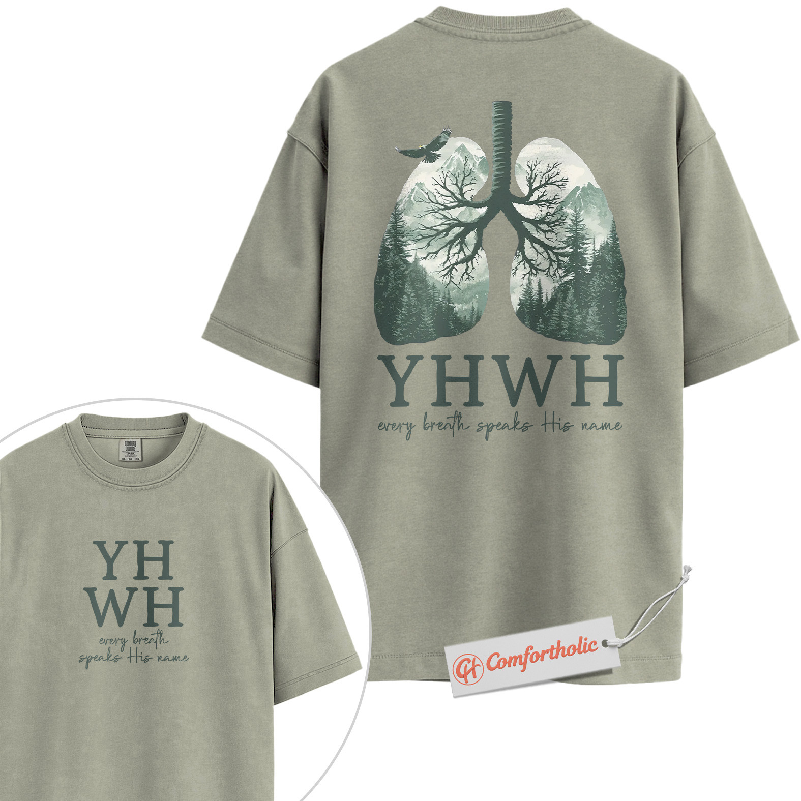 YHWH Shirt, Every Breath Speaks His Name Shirt, Christian Shirt, Lung Tree Graphic Tee, Nature Faith Bible Verse T-Shirt, Religious Comfort Colors Shirt 2-Sided - Image 6